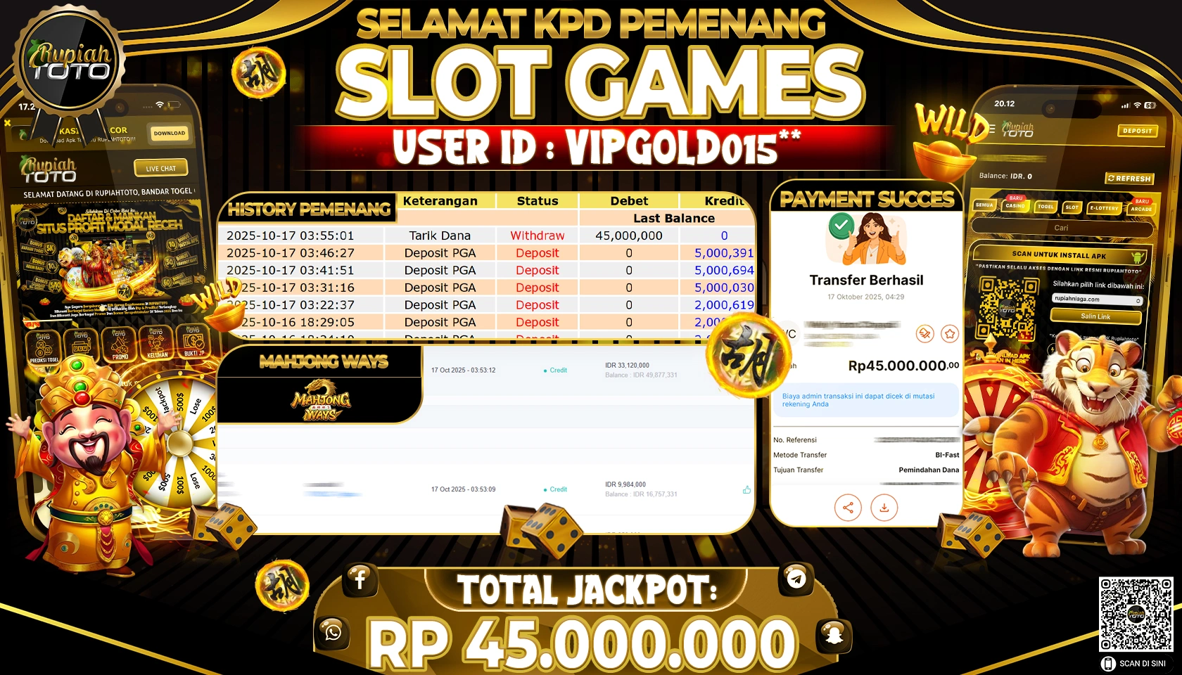 RUPIAHTOTO JACKPOT SLOT MAHJONG WAYS Rp . 45,000,000 JUTA RUPIAH LUNAS