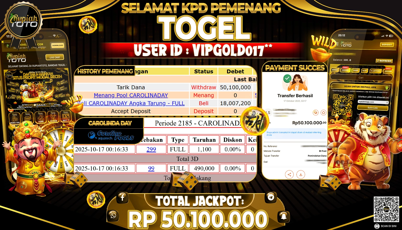 RUPIAHTOTO JACKPOT TOGEL CAROLINA DAY Rp . 50,100,000 JUTA RUPIAH LUNAS