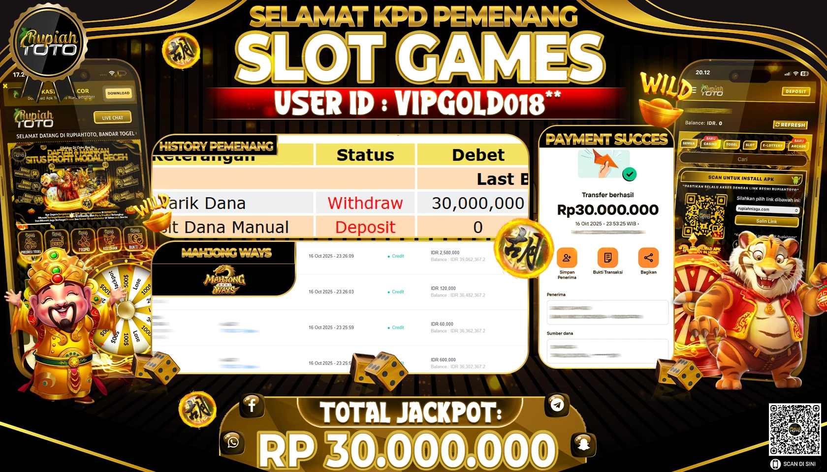 RUPIAHTOTO JACKPOT SLOT MAHJONG WAYS Rp. 30,000,000 JUTA RUPIAH LUNAS