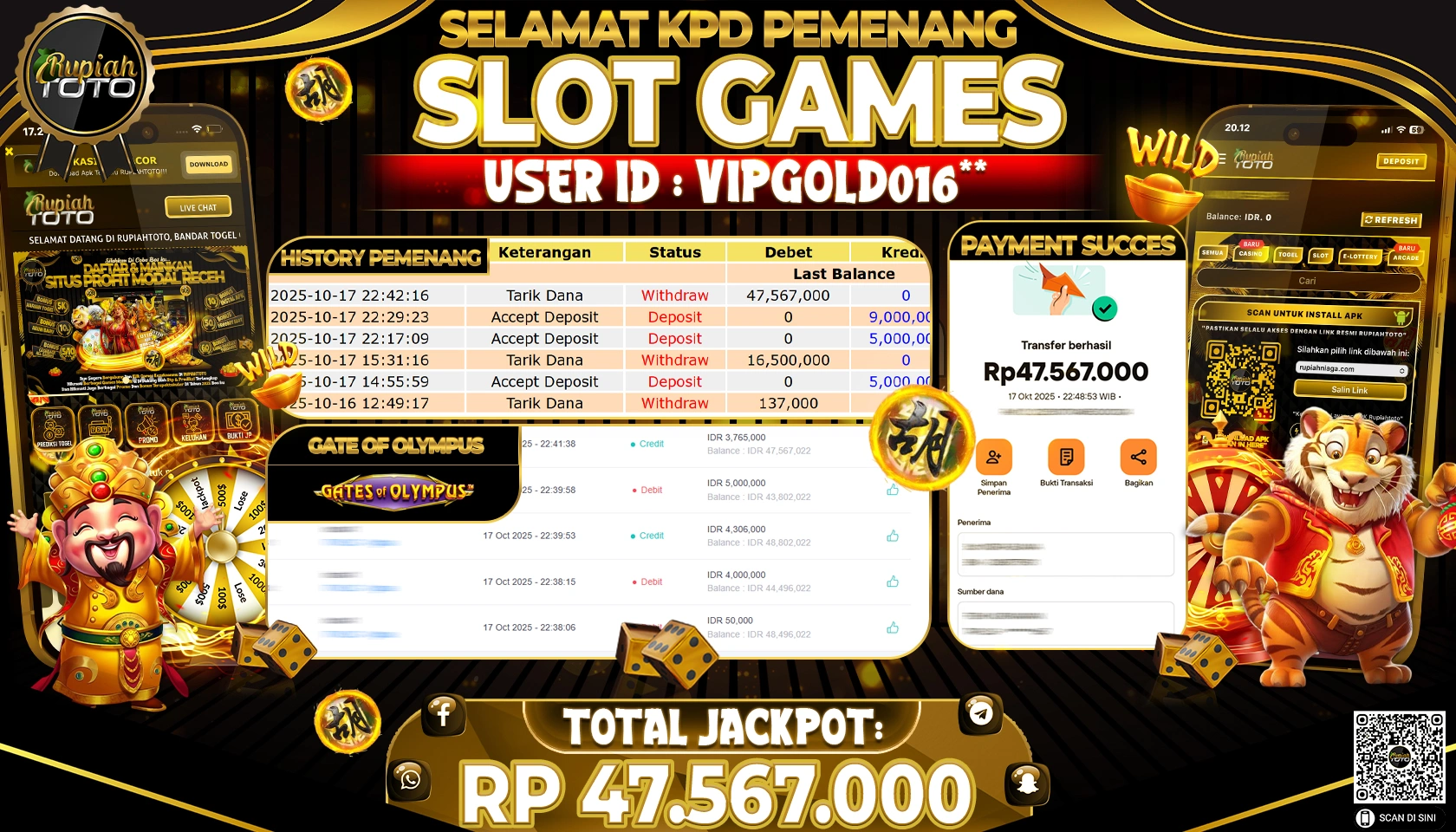 RUPIAHTOTO JACKPOT SLOT GATE OF OLYMPUS Rp. 47,567,000 JUTA RUPIAH LUNAS