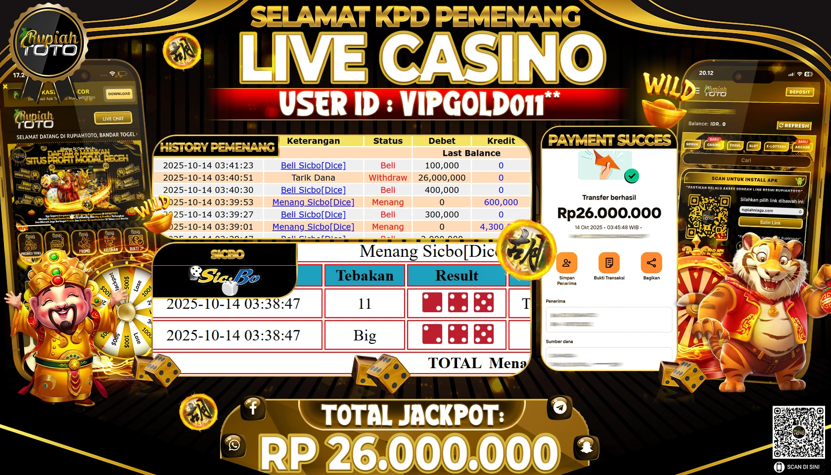 RUPIAHTOTO JACKPOT LIVEGAMES SICBO Rp. 26,000,000 JUTA RUPIAH LUNAS
