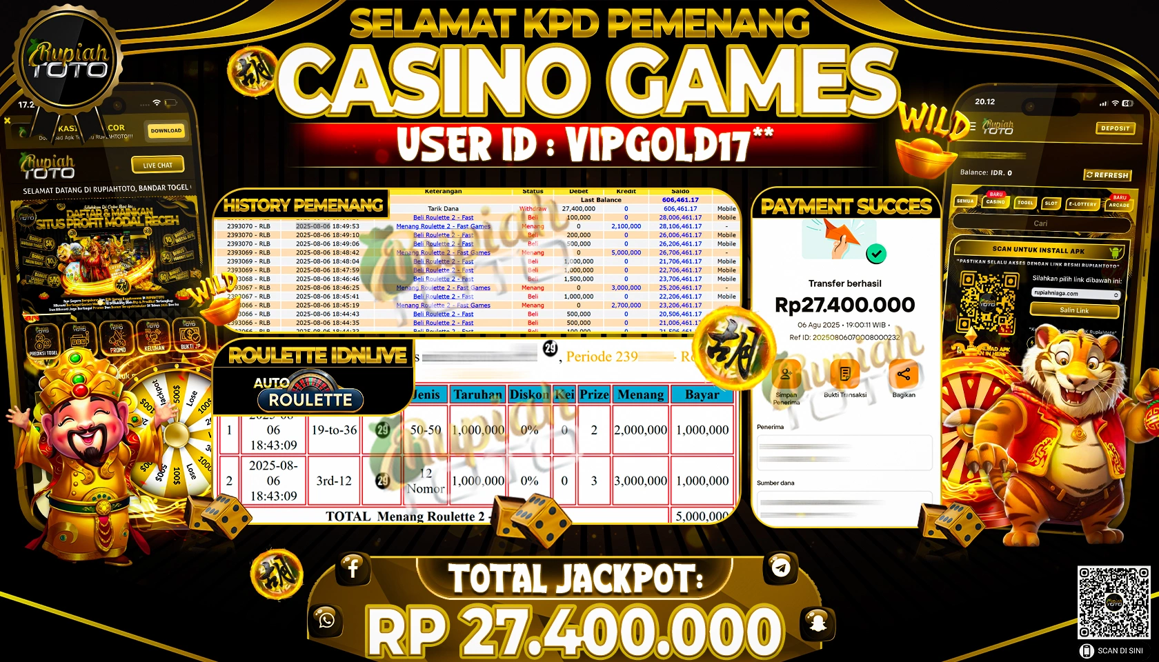 RUPIAHTOTO JACKPOT DI  ROULETTE IDNLIVE - AUTO ROULETTE  RP 27.400.000 JUTA RUPIAH LUNAS