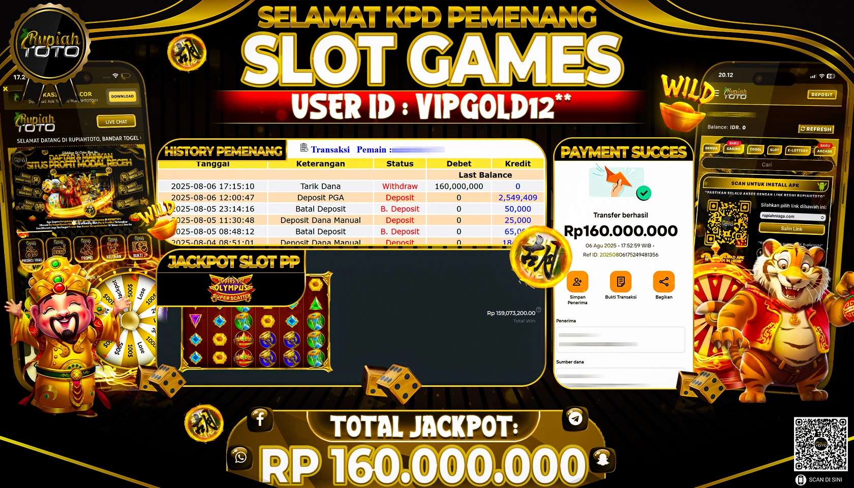 RUPIAHTOTO JACKPOT DI  SLOT PP  - GATES OF OLYMPUS SUPER SCATTER  RP 160.000.000 JUTA RUPIAH LUNAS