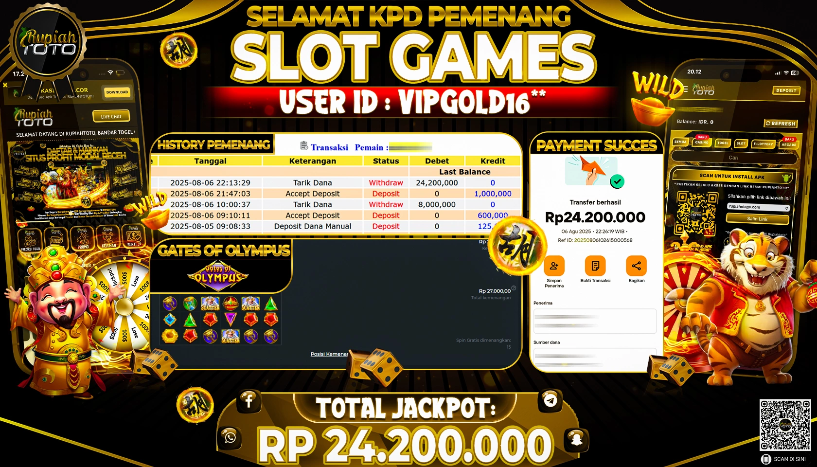 RUPIAHTOTO JACKPOT DI  SLOT PP  - GATES OF OLYMPUS  RP 24.200.000 JUTA RUPIAH LUNAS