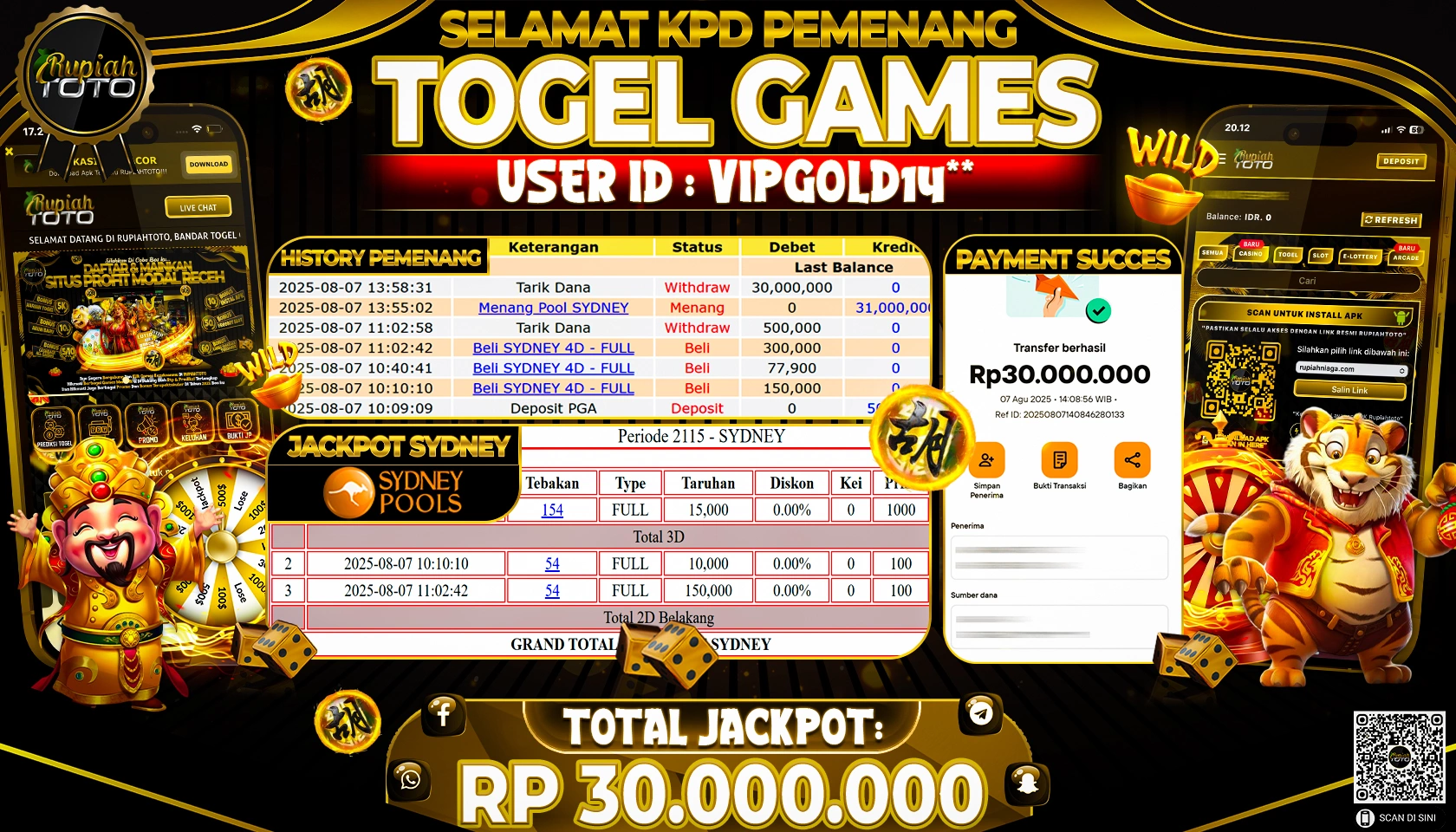RUPIAHTOTO JACKPOT DI  TOGEL  - SYDNEY RP 30.000.000 JUTA RUPIAH LUNAS