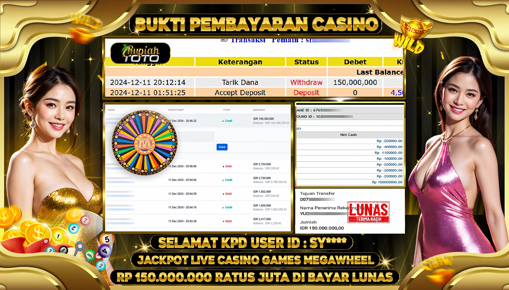 RUPIAHTOTO JACKPOT LIVE CASINO GAMES MEGA WHEEL RP.150.000.000 RATUS JUTA LUNAS