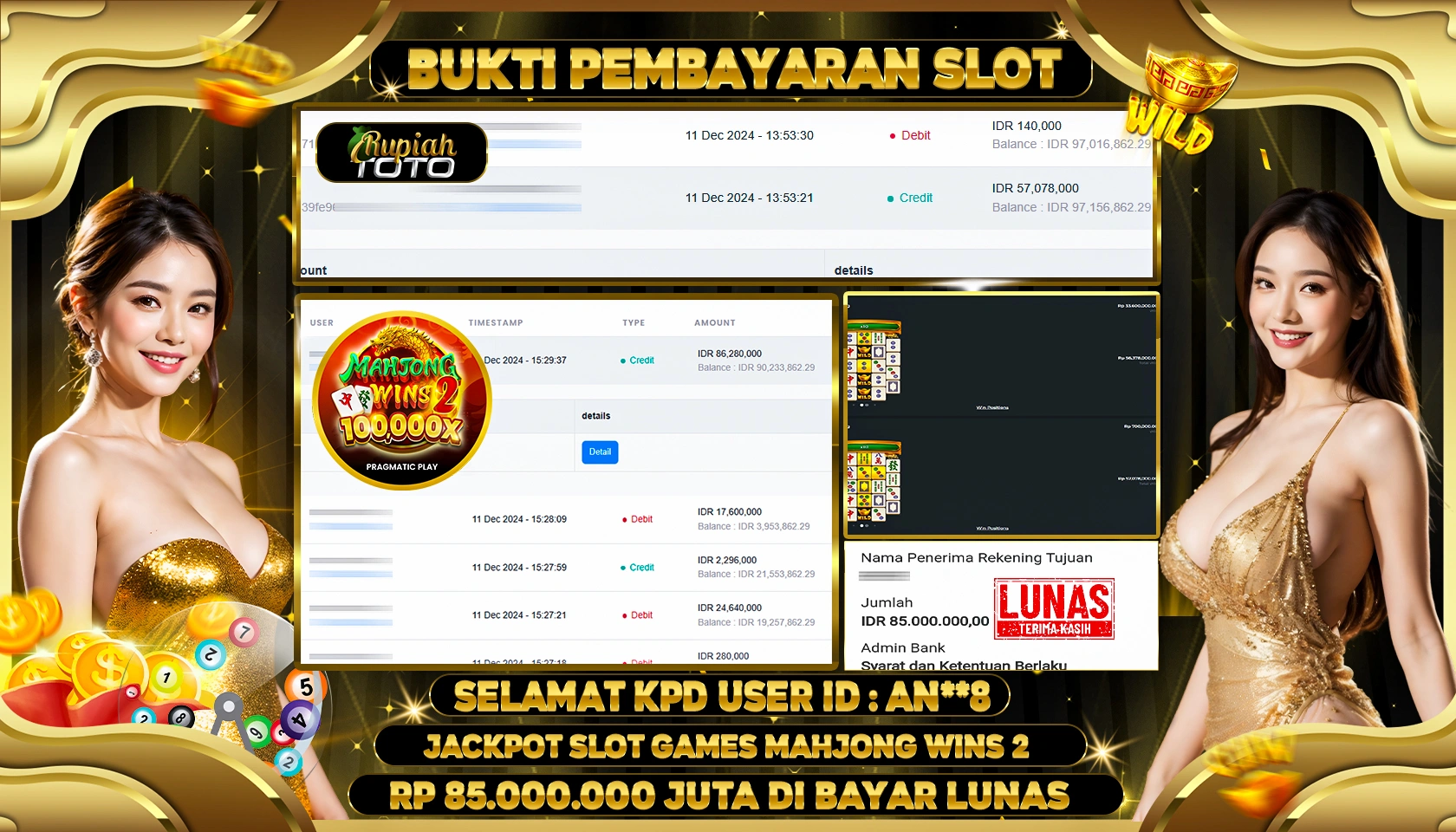 RUPIAHTOTO JACKPOT SLOT GAMES MAHJONG WINS 2 RP.85.000.000 JUTA LUNAS