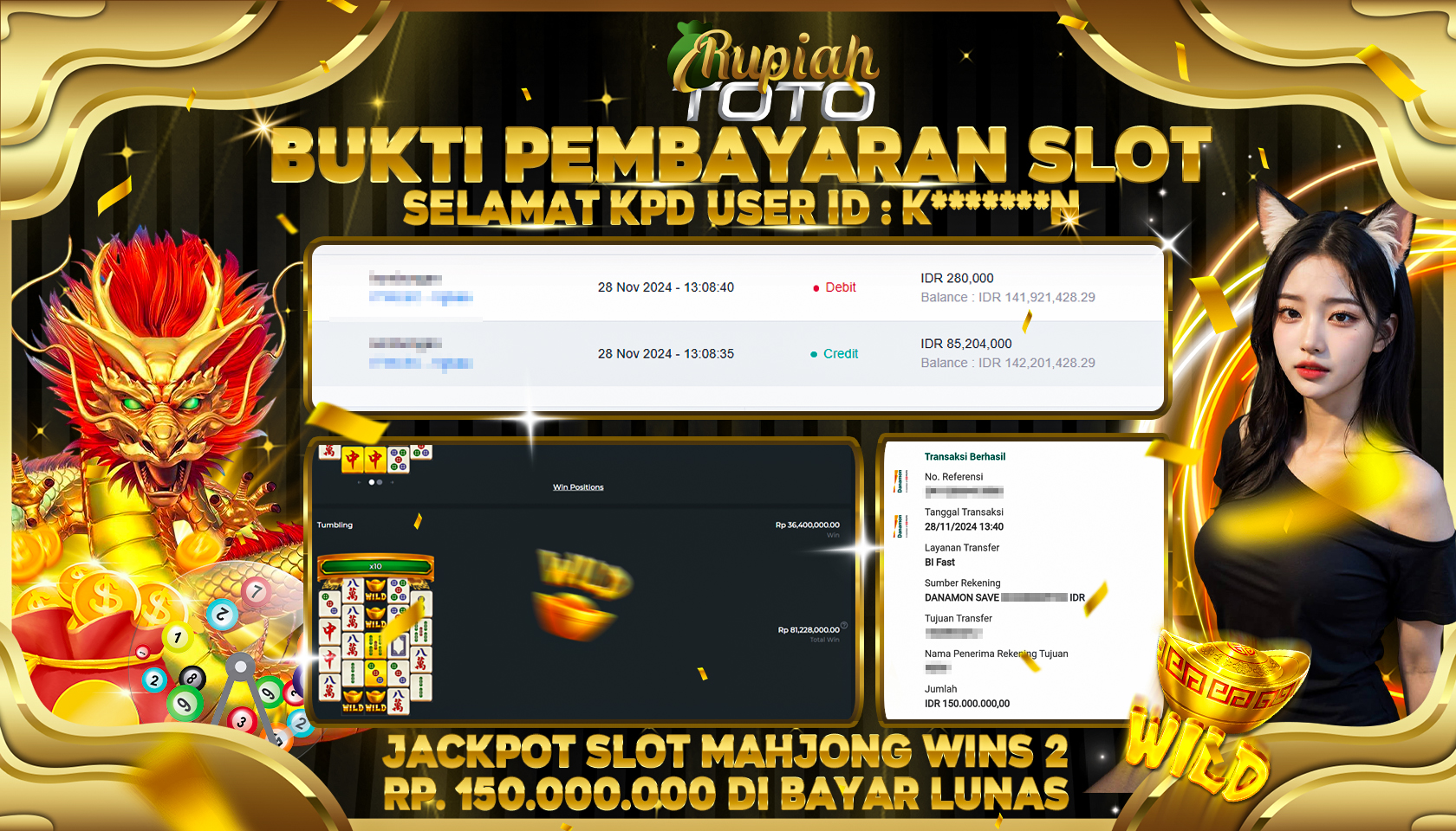 RUPIAHTOTO JACKPOT SLOT MAHJONG WAYS 2 RP.150.000.000 JUTA LUNAS