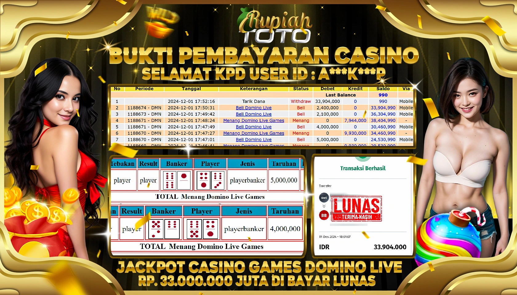 RUPIAHTOTO JACKPOT CASINO DOMINO LIVE RP.33.000.000 JUTA LUNAS