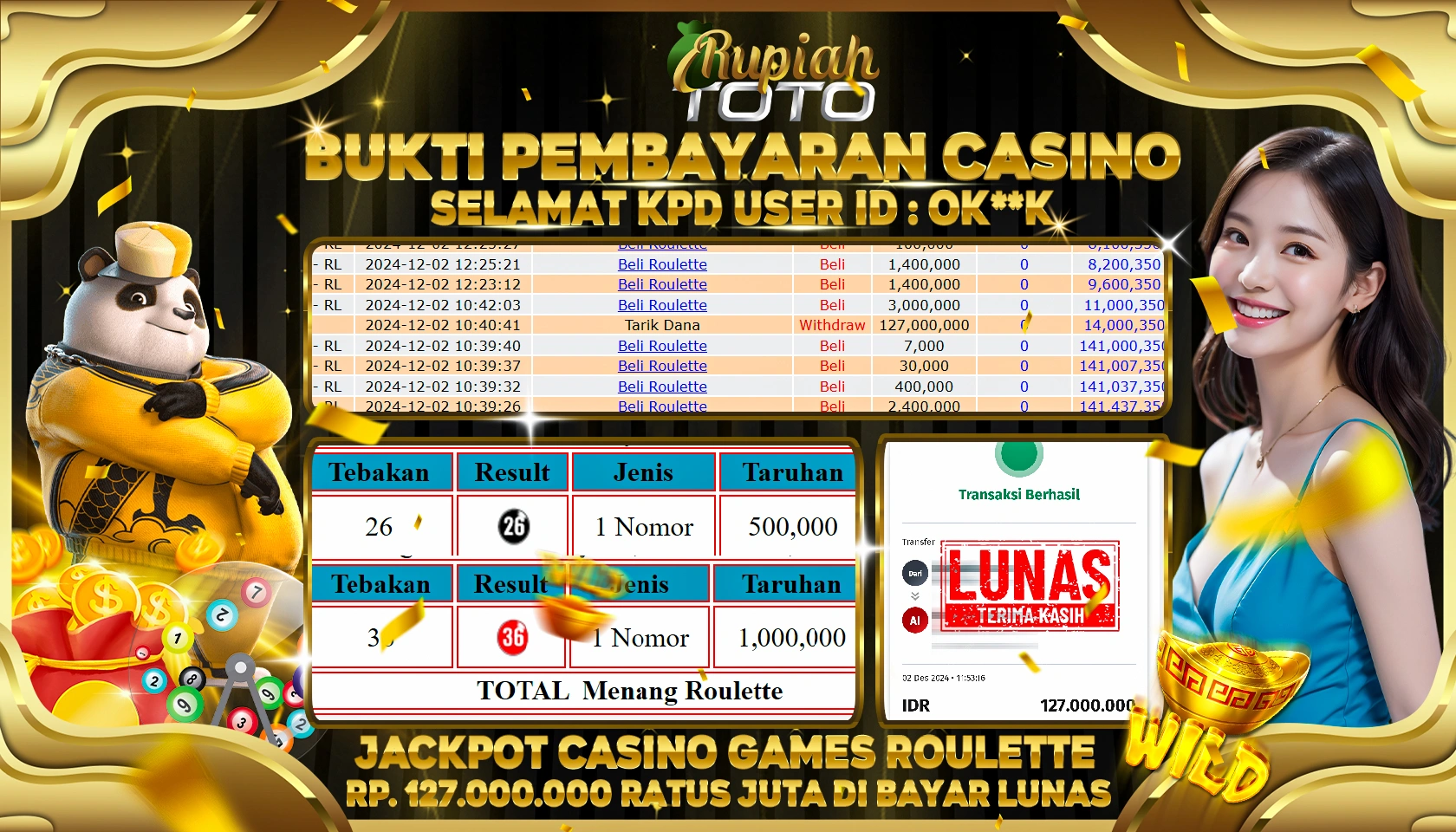 RUPIAHTOTO JACKPOT CASINO ROULETTE RP.127.000.000 JUTA LUNAS