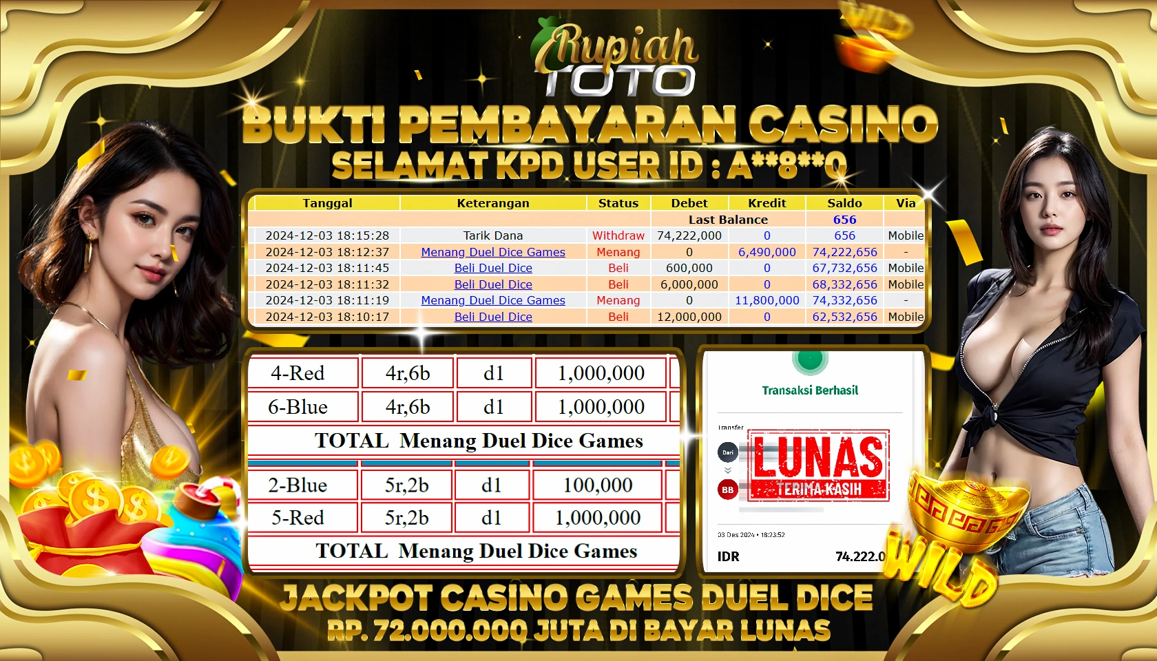 RUPIAHTOTO JACKPOT CASINO DUEL DICE RP.72.000.000 JUTA LUNAS