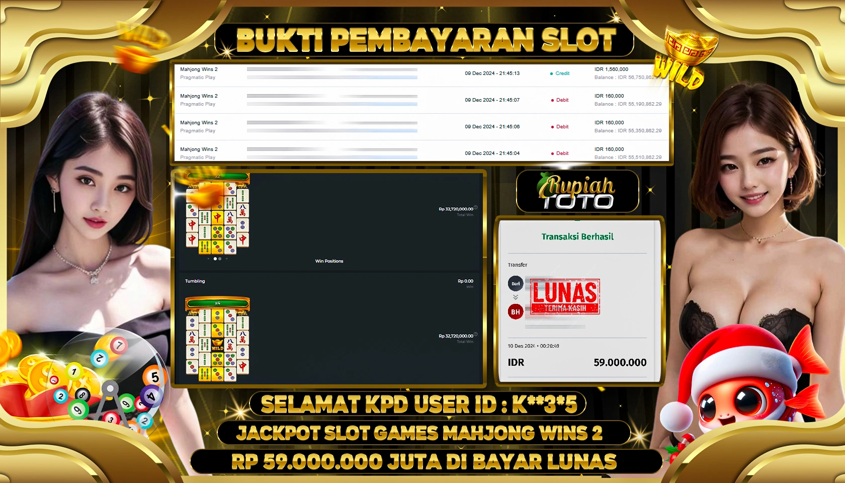 RUPIAHTOTO JACKPOT SLOT GAMES MAHJONG WINS 2 RP.59.000.000 JUTA LUNAS