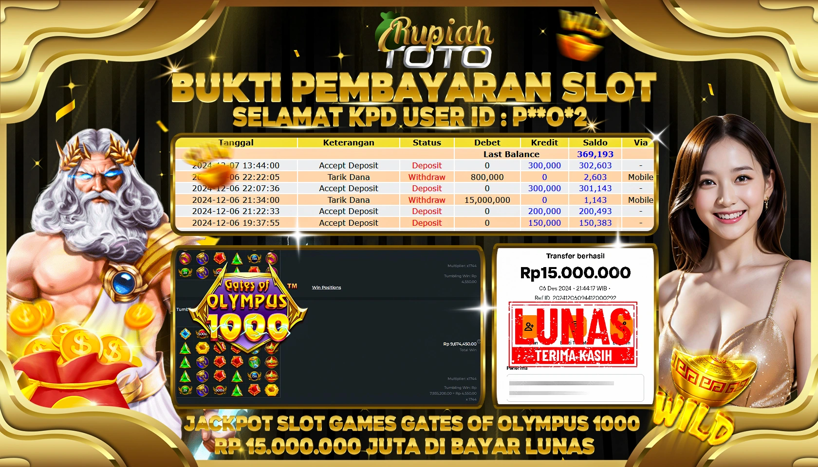 RUPIAHTOTO JACKPOT SLOT GAMES GATES OF OLYMPUS RP.15.000.000 JUTA LUNAS