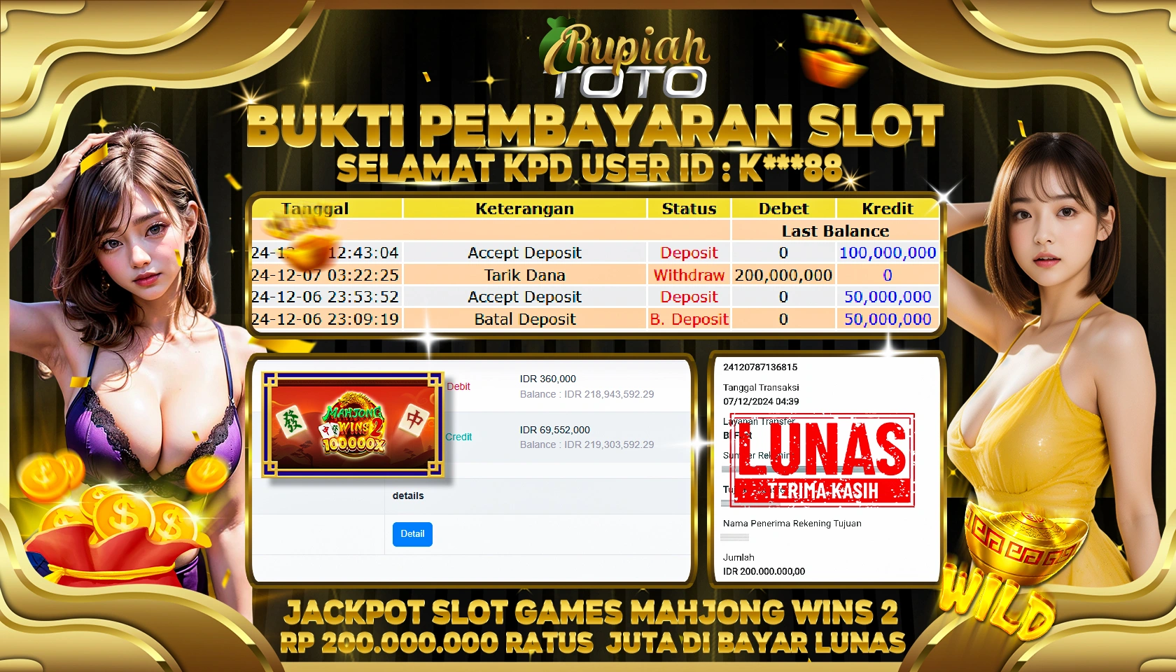 RUPIAHTOTO JACKPOT SLOT GAMES MAHJONG WINS 2  RP.200.000.000 RATUS JUTA LUNAS