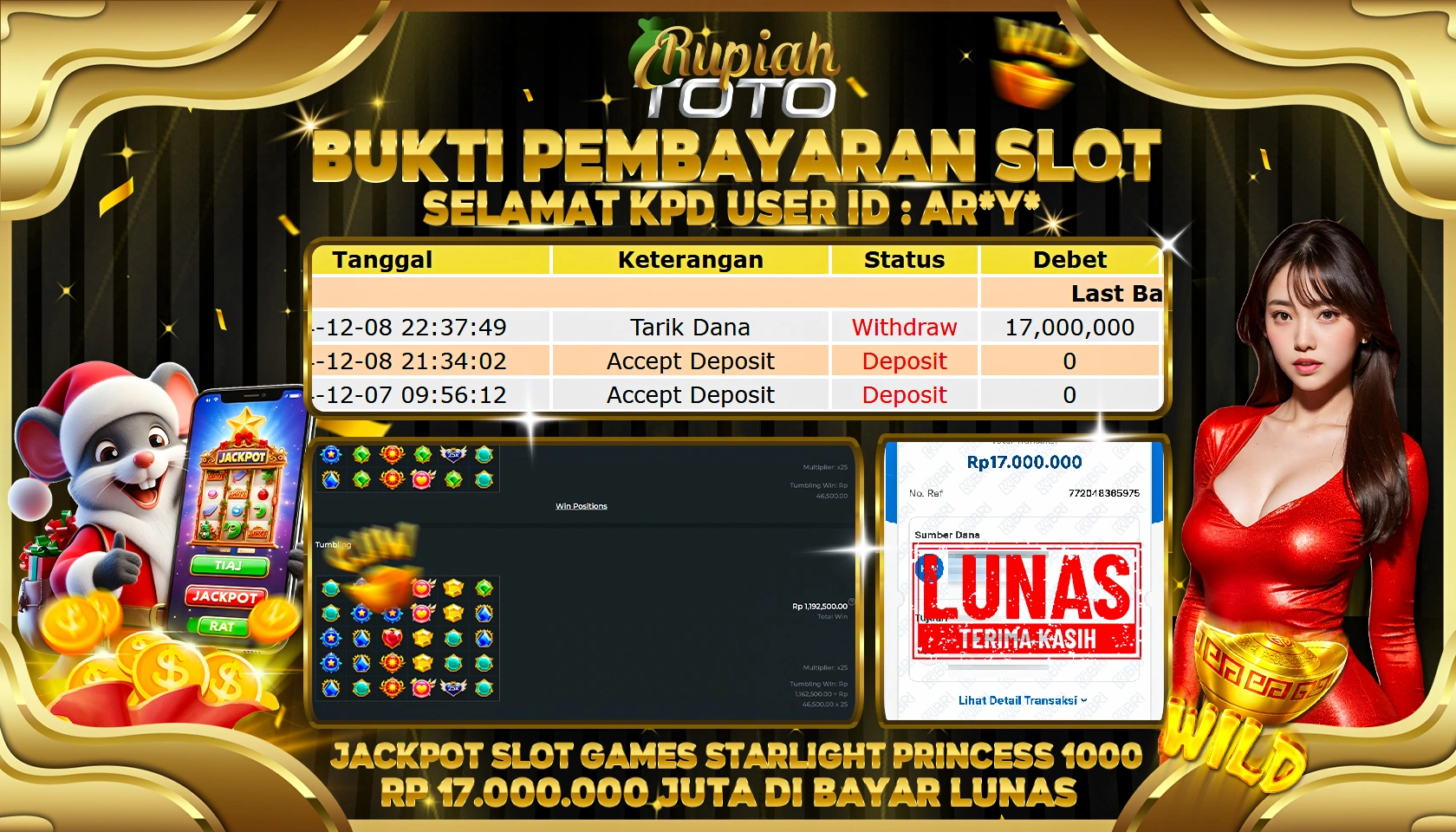 RUPIAHTOTO JACKPOT SLOT GAMES STARLIGHT PRINCES 1000 RP.17.000.000 JUTA LUNAS
