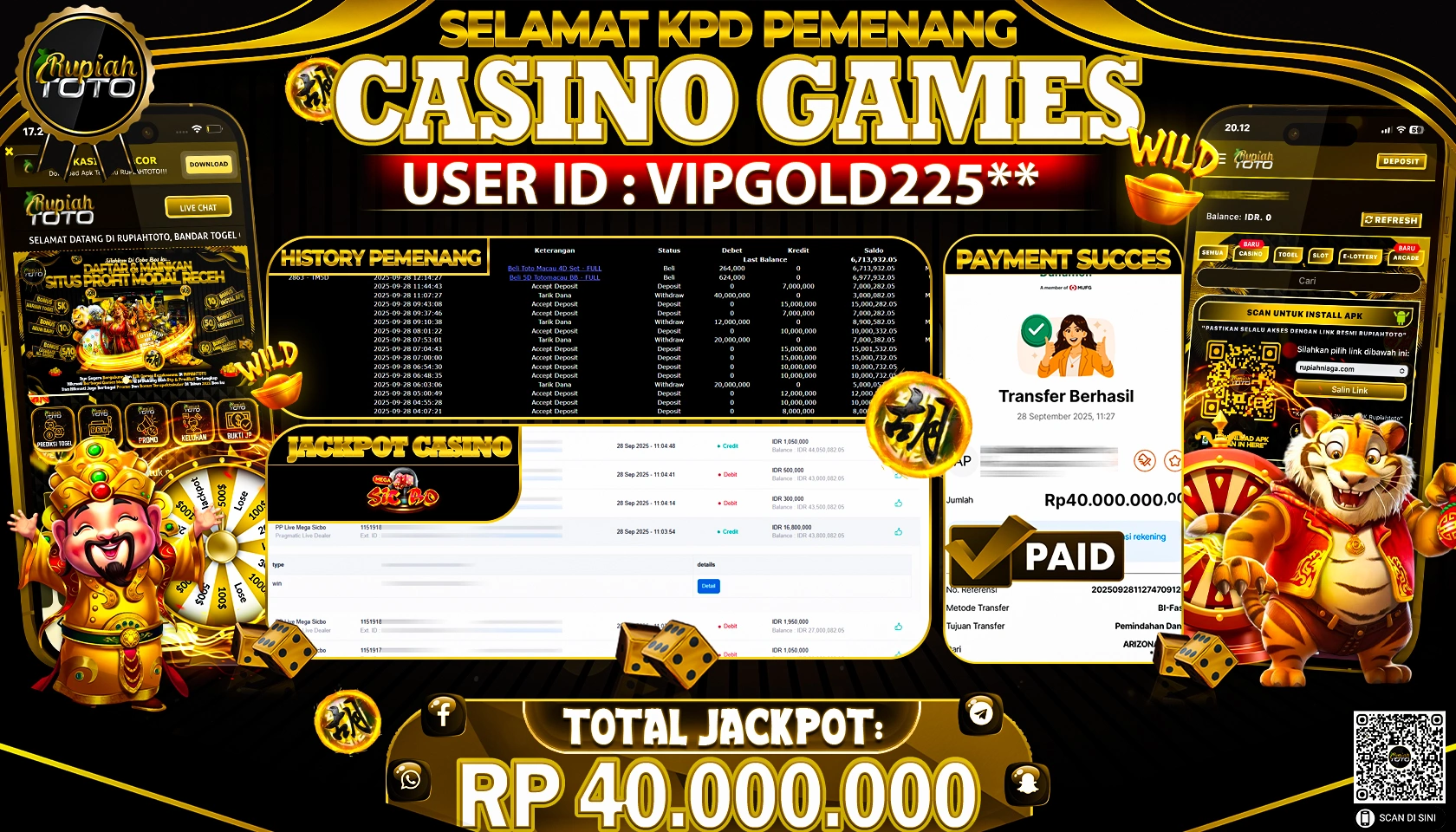 RUPIAHTOTO JACKPOT CASINO SICBO RP 40.000.000 JUTA RUPIAH LUNAS