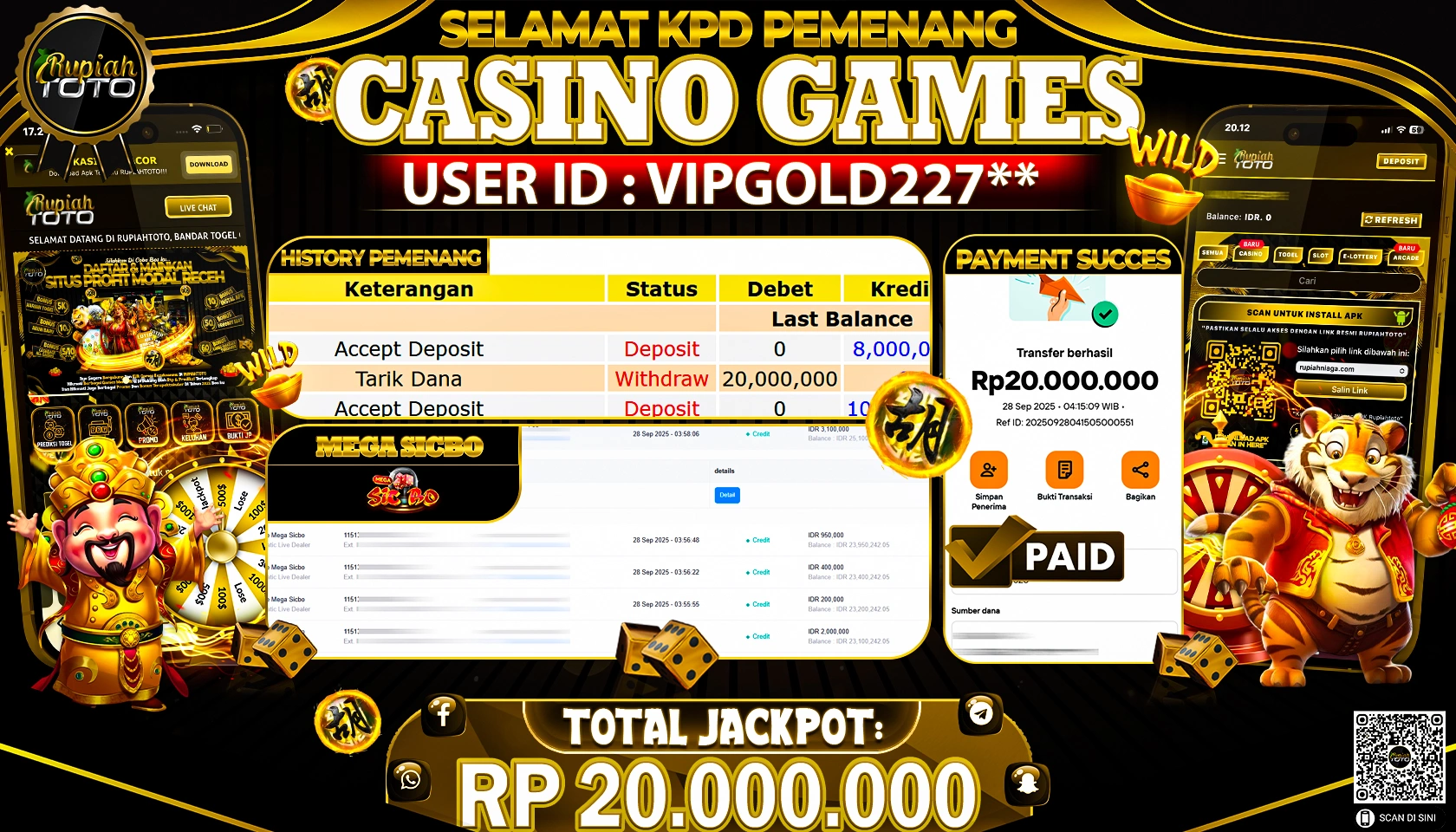 RUPIAHTOTO JACKPOT MEGA SICBO  RP 20.000.000 JUTA RUPIAH LUNAS