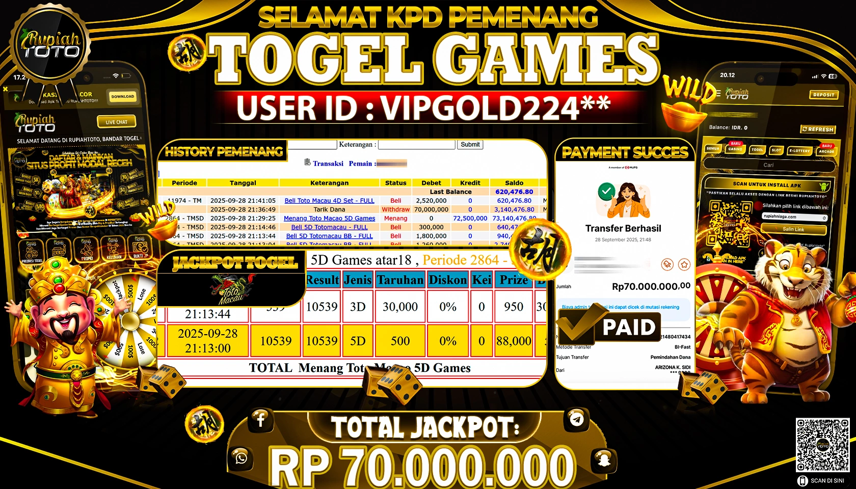 RUPIAHTOTO JACKPOT TOGEL DI TTM4D  RP 70.000.000 JUTA RUPIAH LUNAS