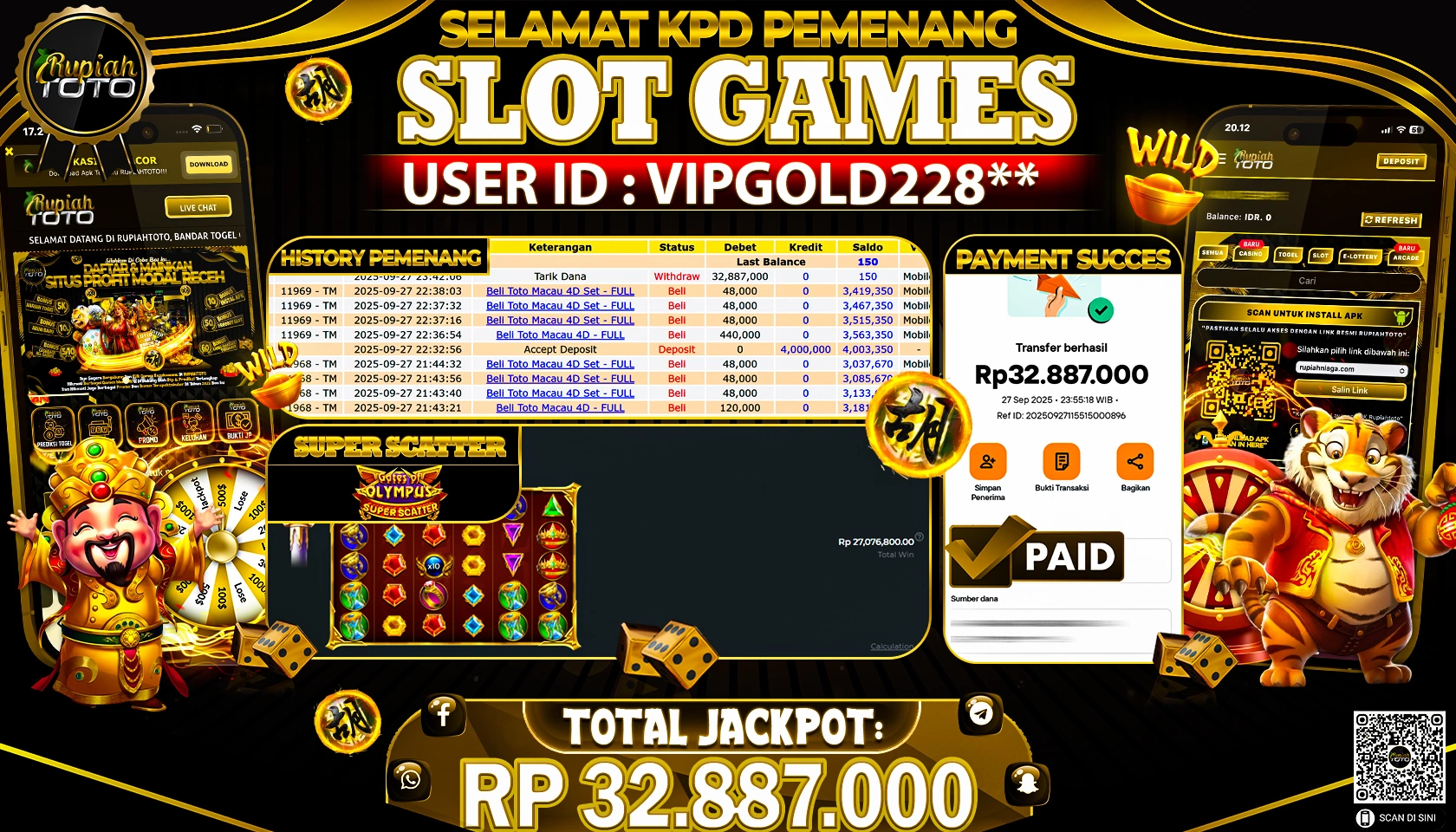 RUPIAHTOTO JACKPOT SLOT PP GATES OF OLYMPUS SUPER SCATTER  RP 32.887.000 JUTA RUPIAH LUNAS