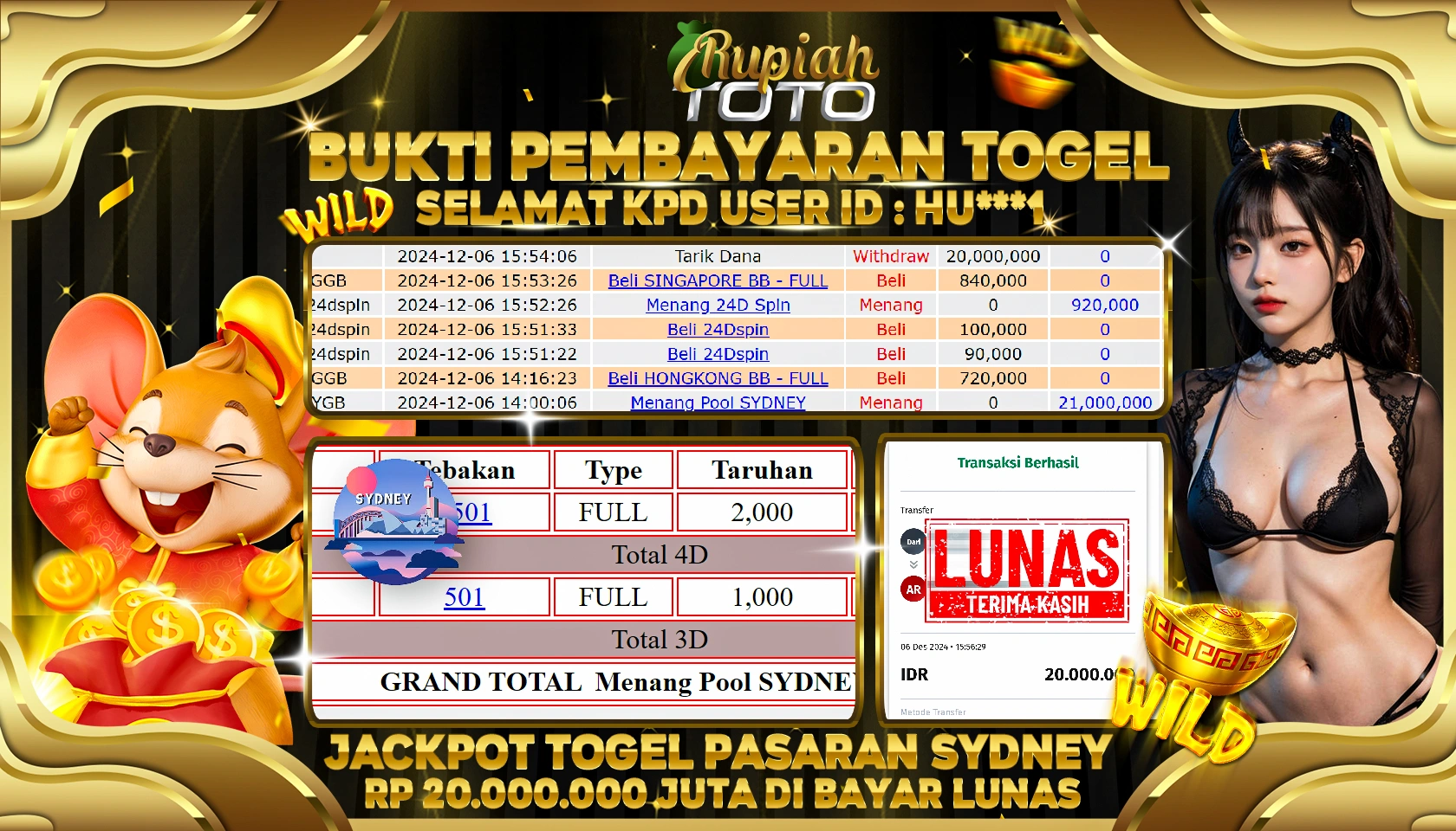 RUPIAHTOTO JACKPOT TOGEL PASARAN SYDNEY RP.20.000.000 JUTA LUNAS