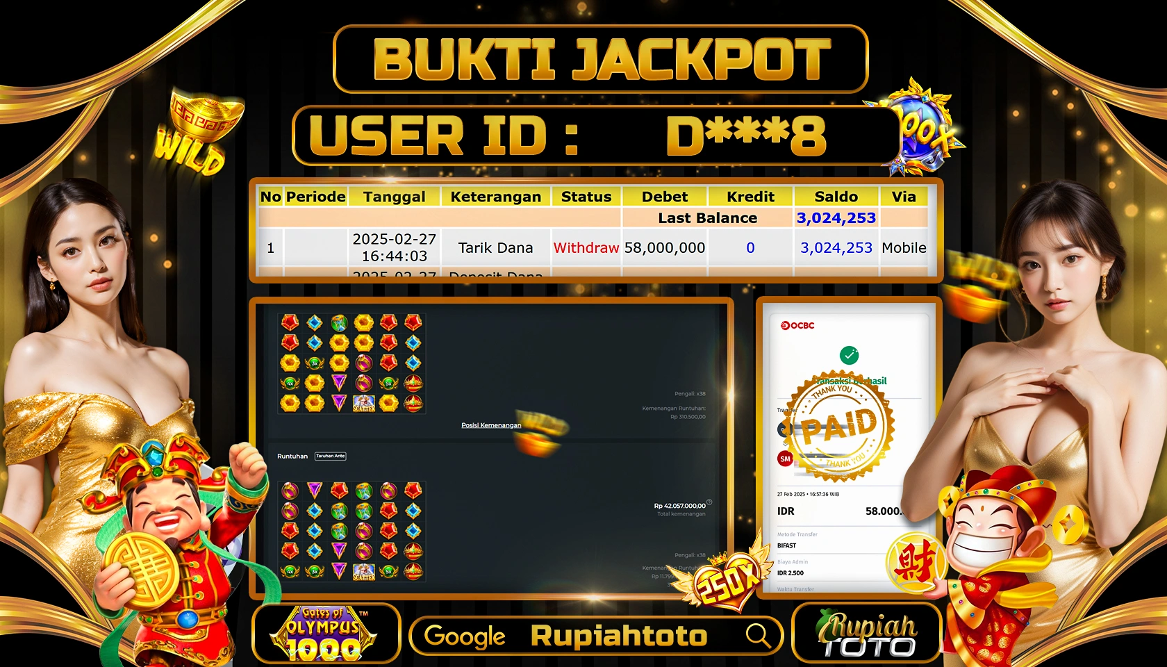 RUPIAHTOTO JACKPOT SLOT PRAGMATIC PLAY GAMES GATES OF OLYMPUS 1000 RP 58.000.000 JUTA LUNAS