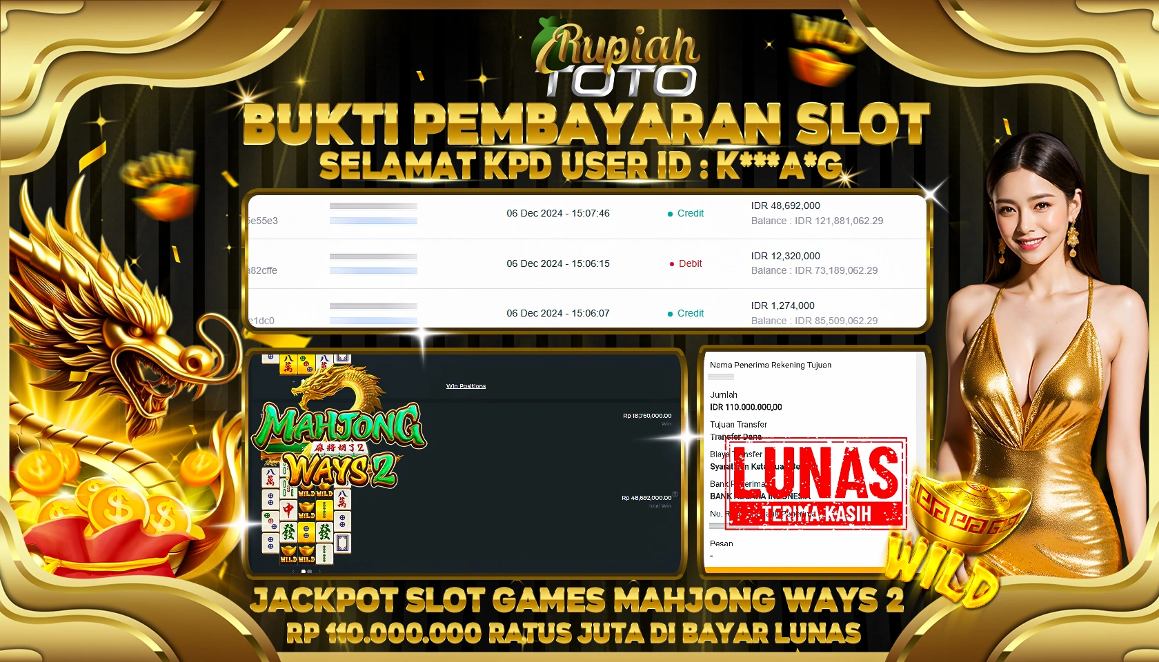 RUPIAHTOTO JACKPOT SLOT GAMES MAHJONG WAYS 2  RP.110.000.000 RATUS JUTA LUNAS