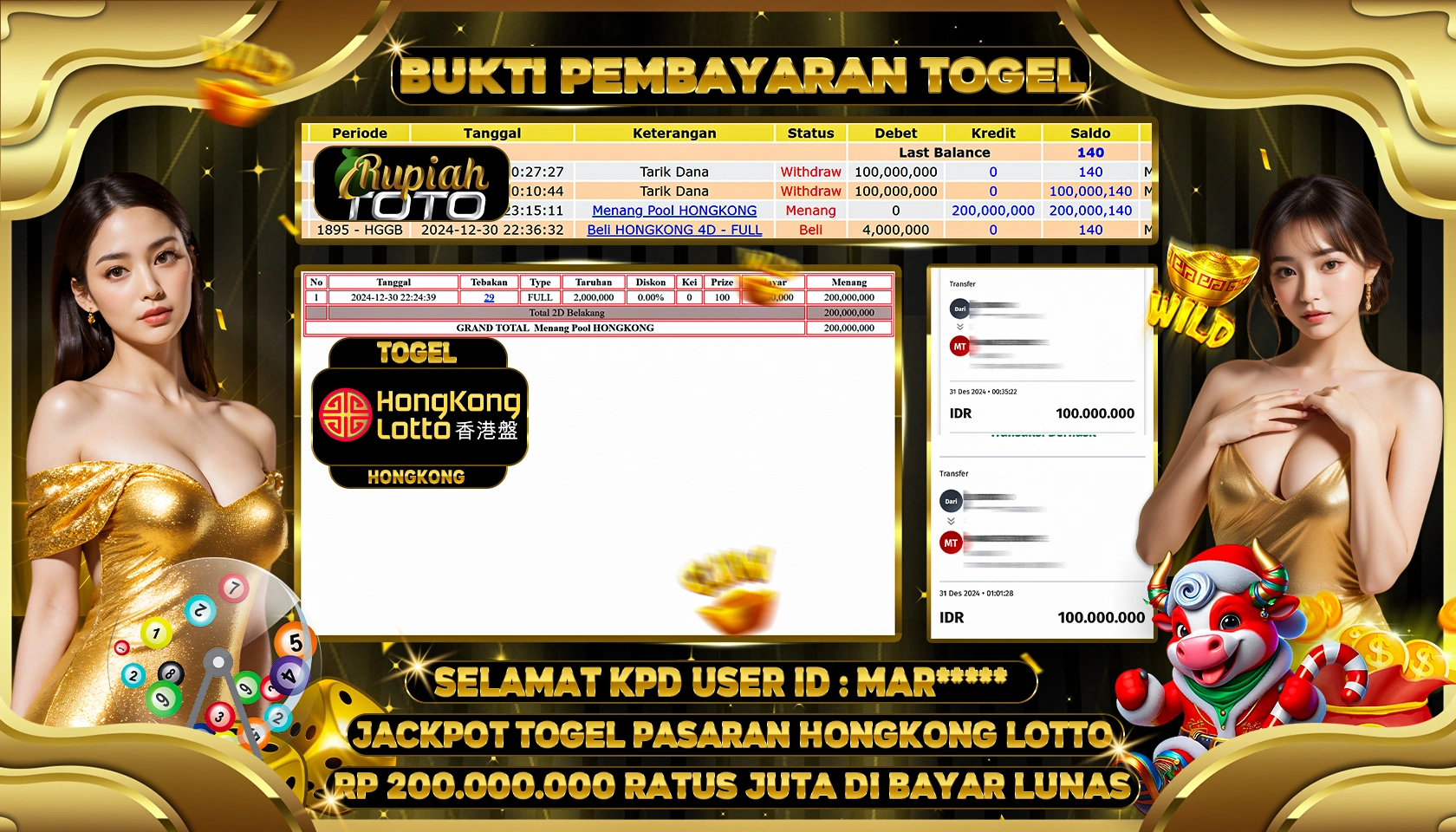 RUPIAHTOTO JACKPOT TOGEL PASARAN HONGKONG LOTTO RP 200.000.000 RATUS JUTA LUNAS