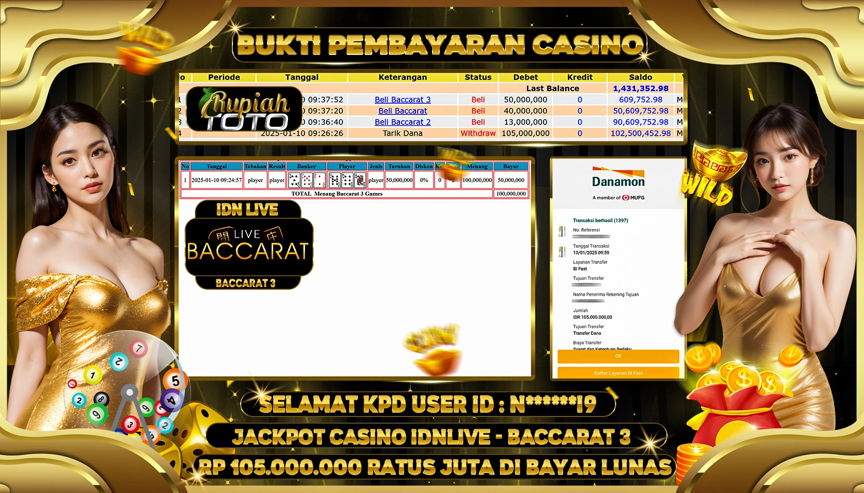 RUPIAHTOTO JACKPOT CASINO GAMES BACCARAT 3 RP 105.000.000 RATUS JUTA LUNAS