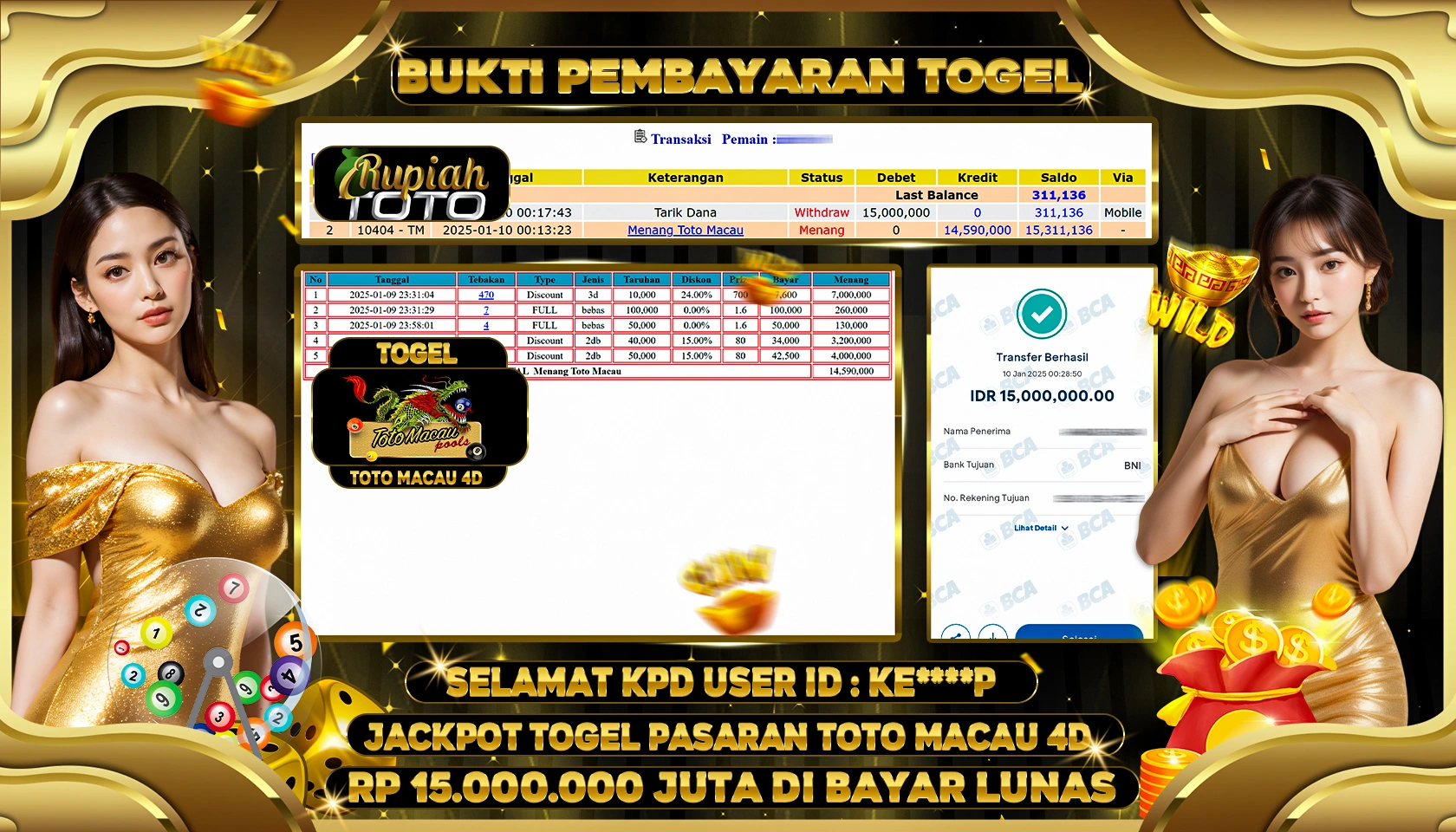 RUPIAHTOTO JACKPOT TOGEL PASARAN TOTO MACAU 4D RP 15.000.000 JUTA LUNAS