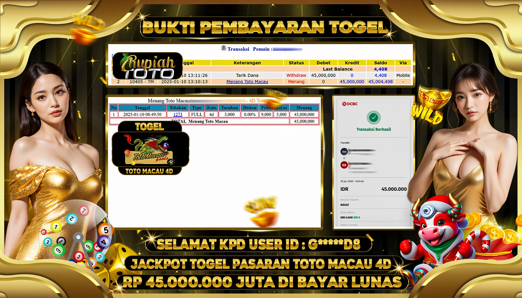RUPIAHTOTO JACKPOT TOGEL PASARAN TOTO MACAU 4D RP 45.000.000 JUTA LUNAS