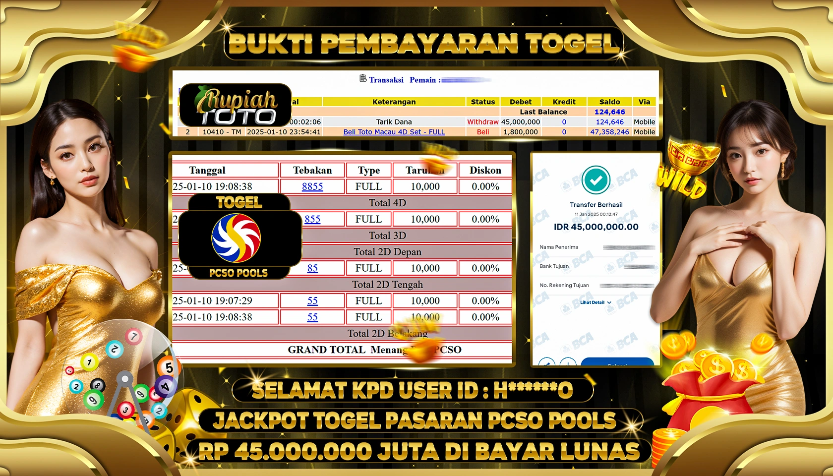RUPIAHTOTO JACKPOT TOGEL PASARAN PCSO POOLS RP 45.000.000 JUTA LUNAS