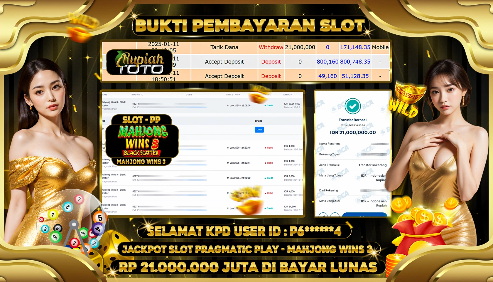 RUPIAHTOTO JACKPOT SLOT GAMES MAHJONG WINS 3 RP 21.000.000 JUTA LUNAS