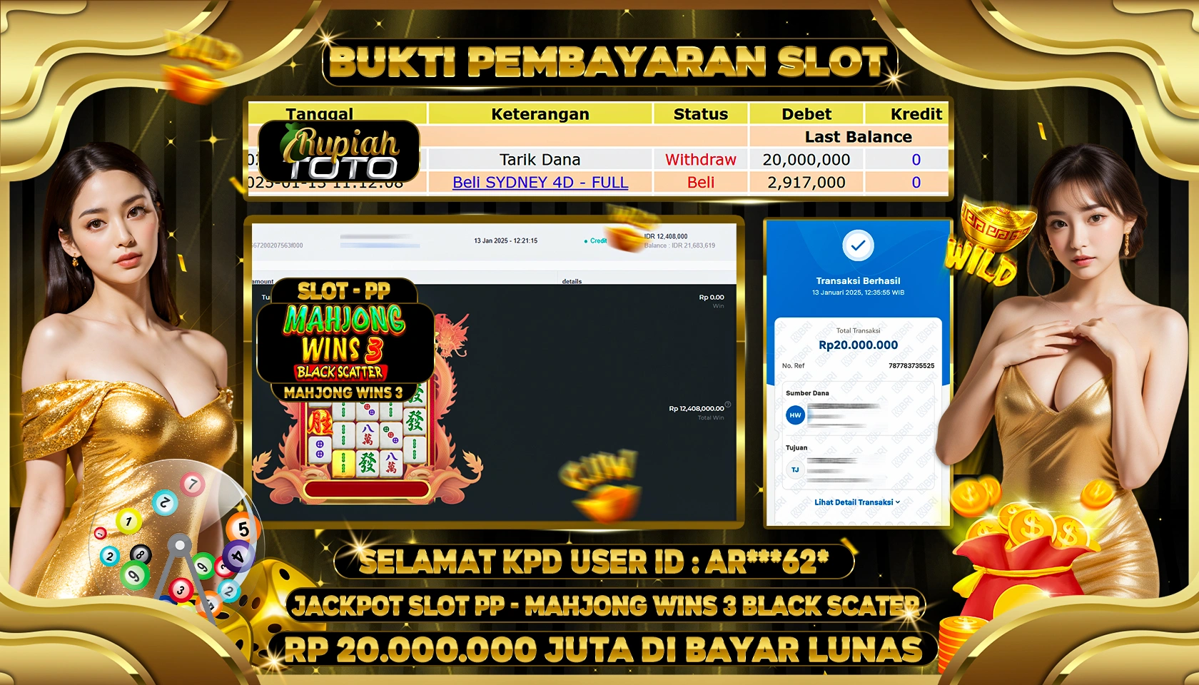 RUPIAHTOTO JACKPOT SLOT GAMES MAHJONG WINS 3 RP 20.000.000 JUTA LUNAS