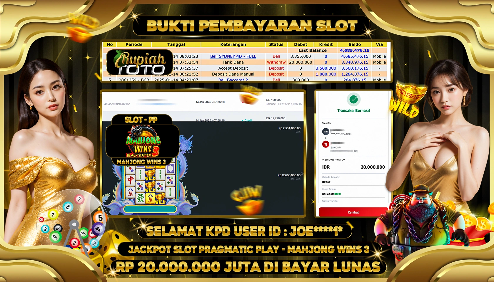 RUPIAHTOTO JACKPOT SLOT GAMES MAHJONG WINS 3 BLACK SCATTER RP 20.000.000 JUTA LUNAS