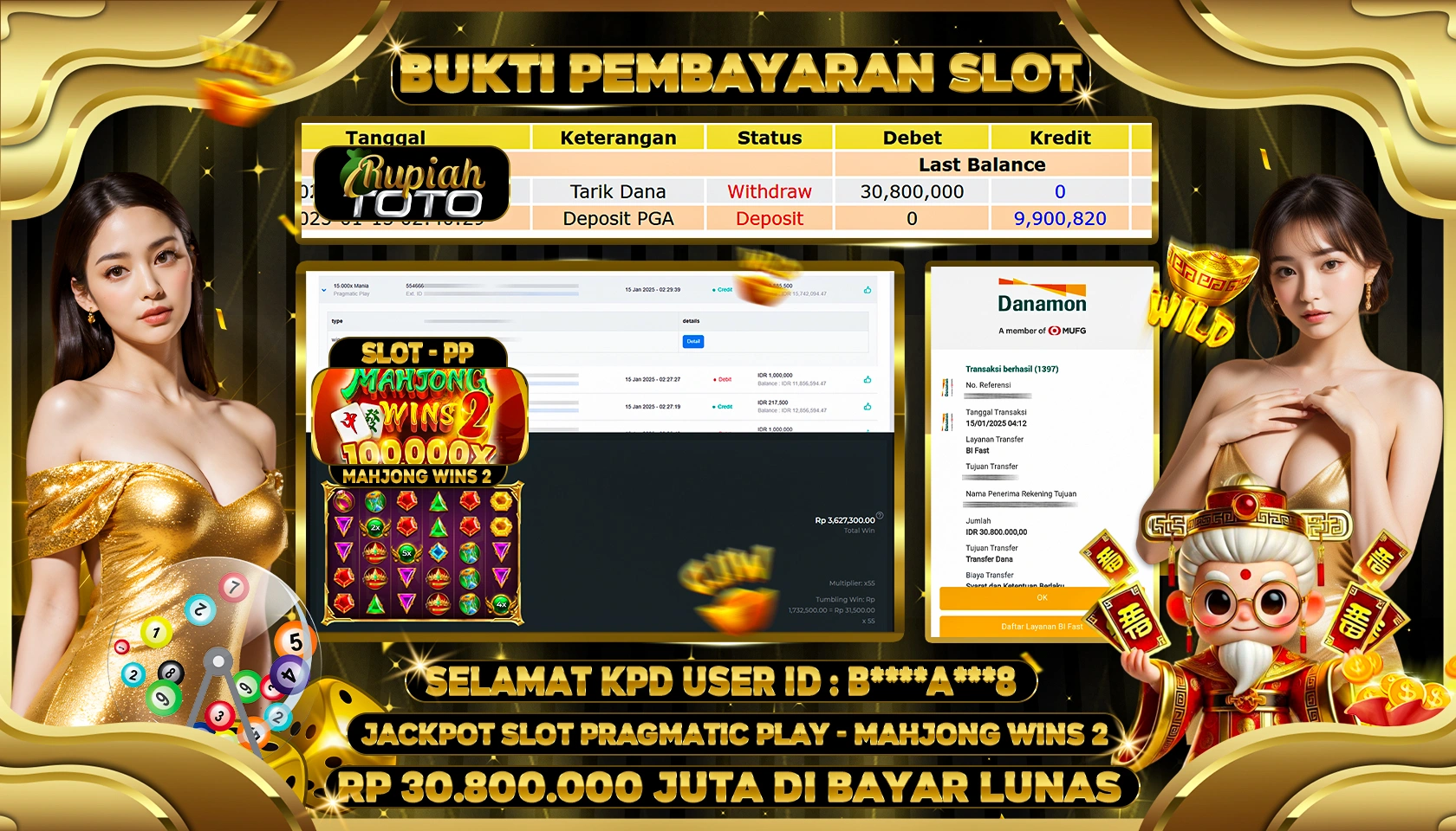 RUPIAHTOTO JACKPOT SLOT GAMES MAHJONG WINS 2 RP 30.800.000 JUTA LUNAS