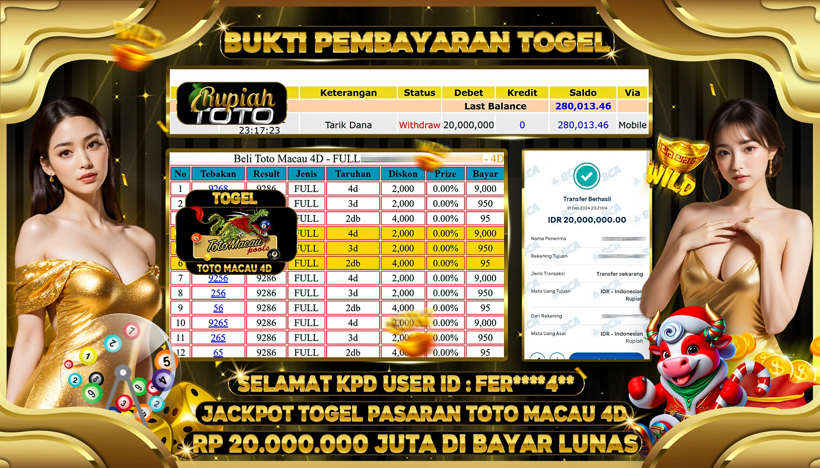 RUPIAHTOTO JACKPOT TOGEL PASARAN TOTO MACAU 4D RP 20.000.000 JUTA LUNAS