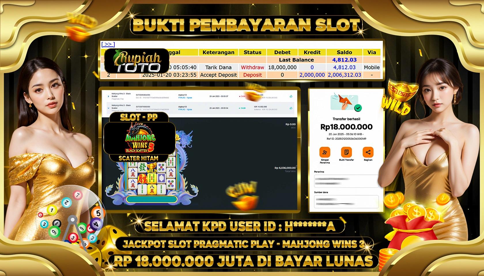 RUPIAHTOTO JACKPOT SLOT GAMES MAHJONG WINS 3 BLACK SCATER RP 18.000.000 JUTA LUNAS