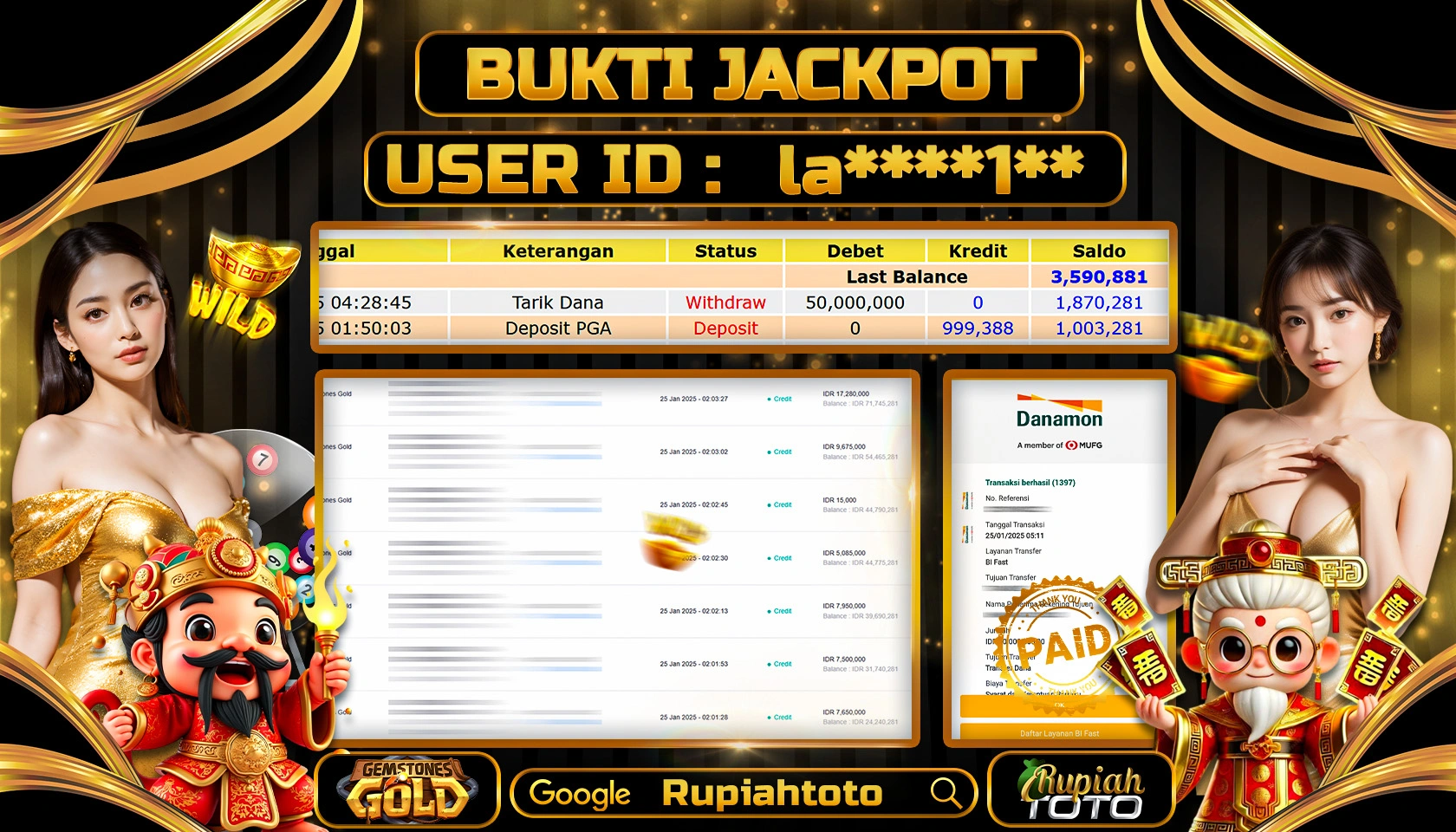 RUPIAHTOTO JACKPOT SLOT GAMES GEMSTONES GOLD RP 50.000.000 JUTA LUNAS