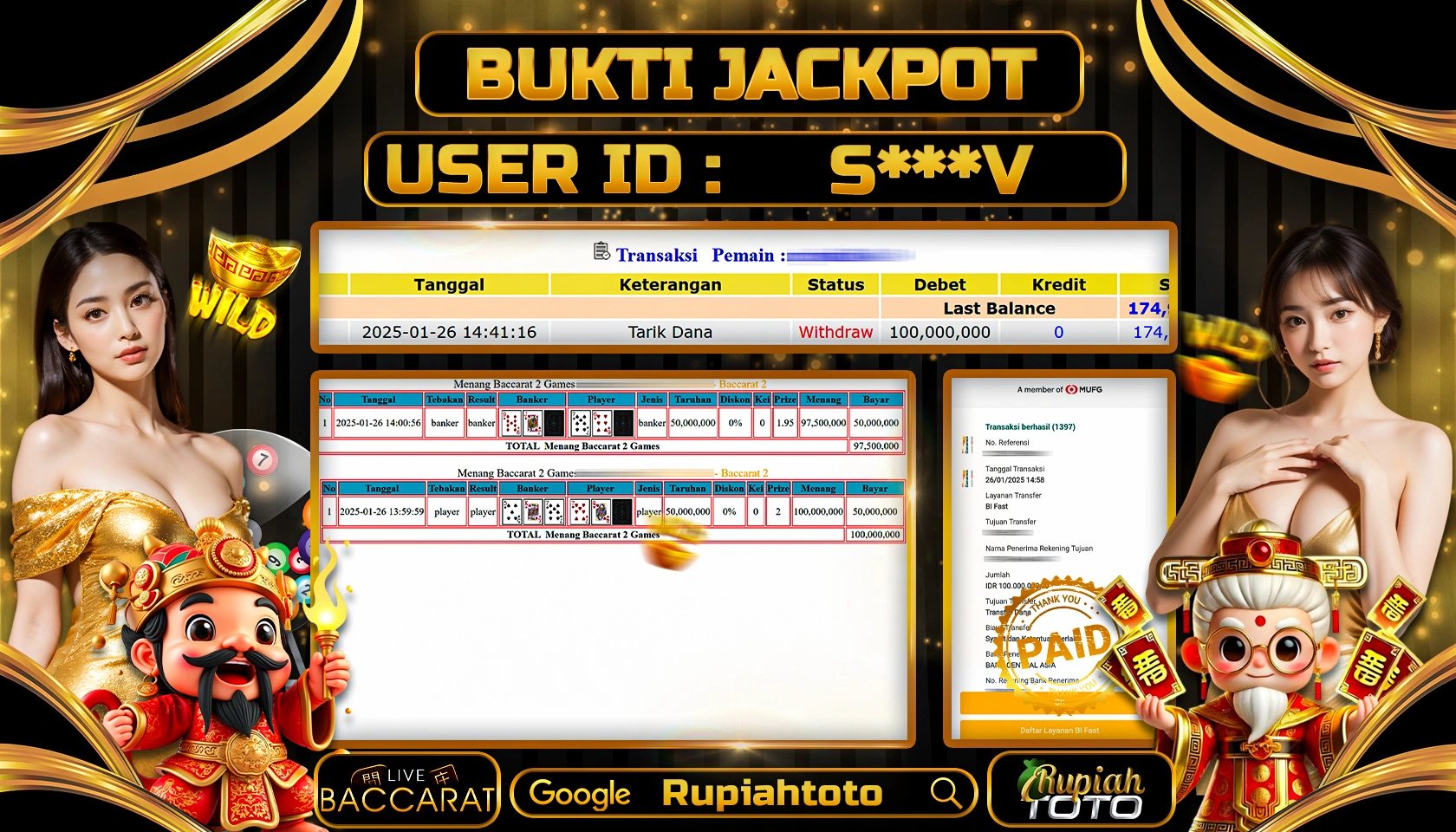 RUPIAHTOTO JACKPOT CASINO GAMES LIVE BACCARAT RP 100.000.000 RATUS JUTA LUNAS
