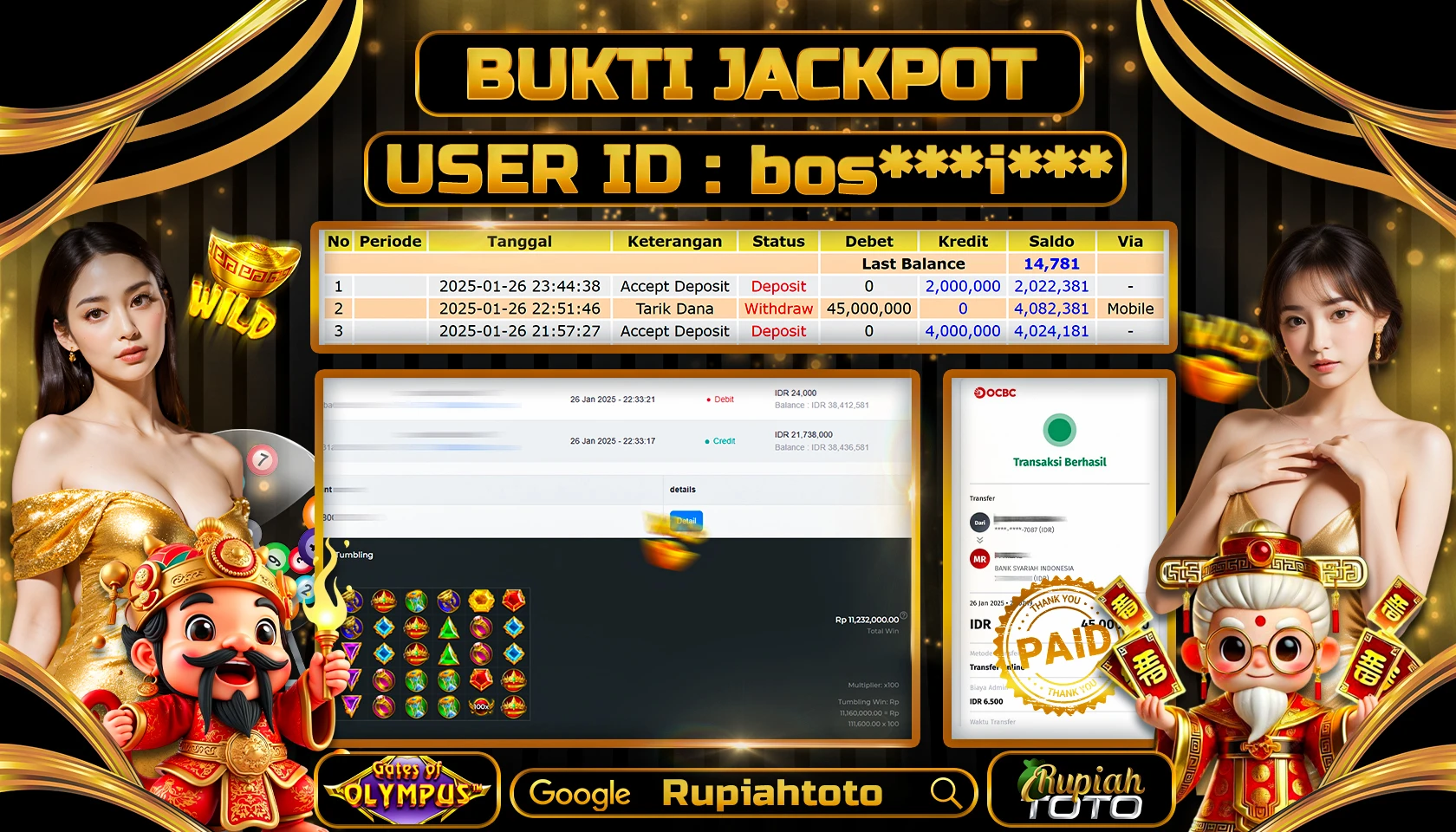 RUPIAHTOTO JACKPOT SLOT GAMES GATES OF OLYMPUS RP 45.000.000 JUTA LUNAS