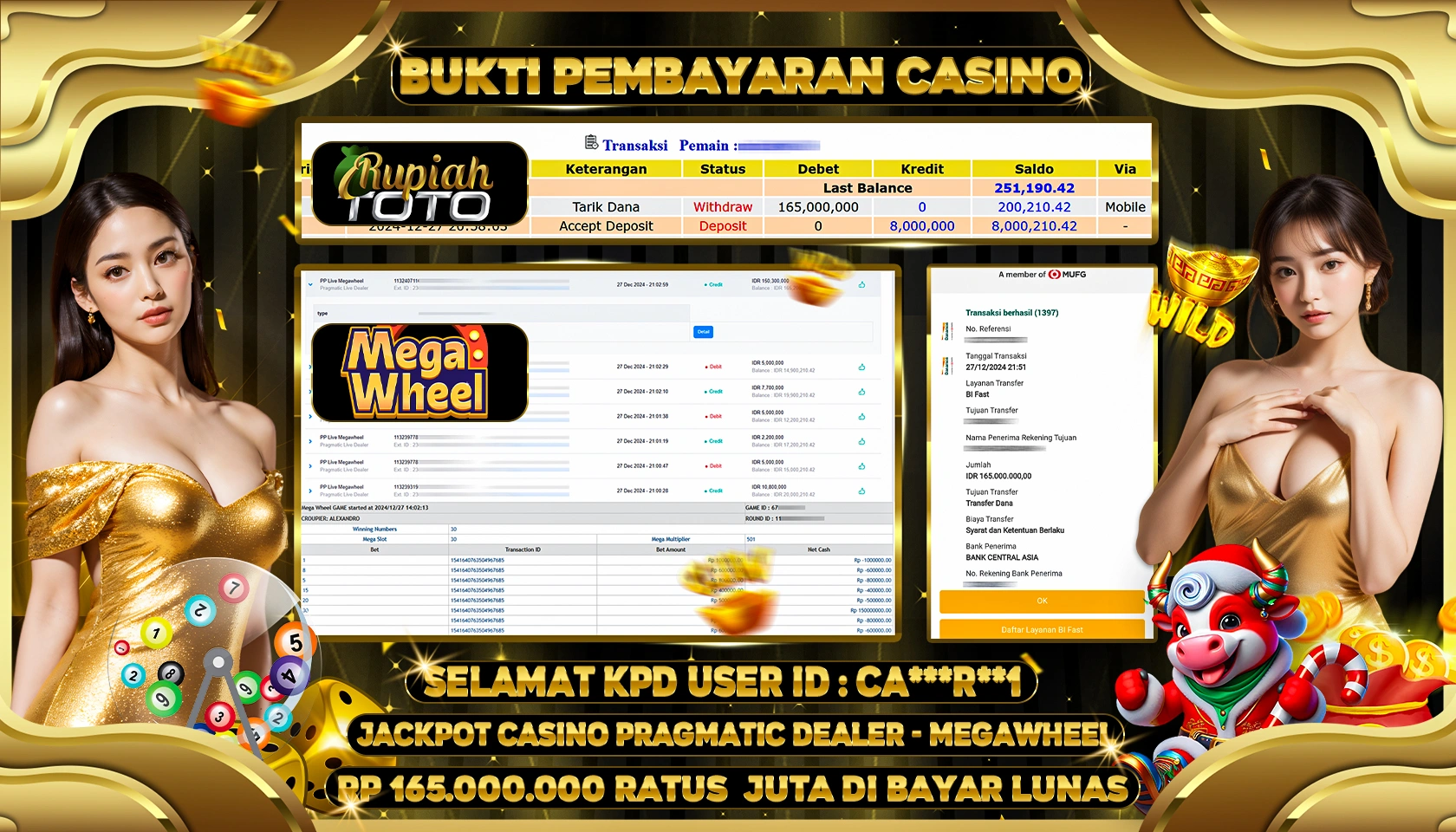 RUPIAHTOTO JACKPOT CASINO GAMES MEGAWHEEL RP 165.000.000 RATUS JUTA LUNAS