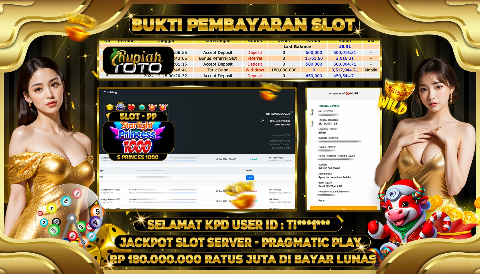RUPIAHTOTO JACKPOT SLOT GAMES STARLIGHT PRINCESS 1000 RP 180.000.000 RATUS JUTA LUNAS