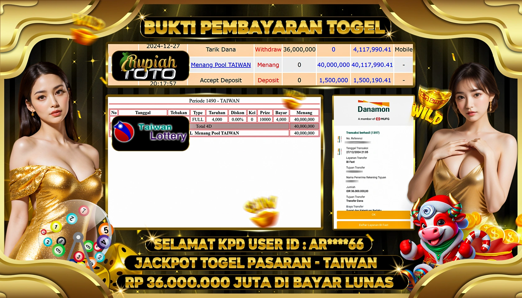 RUPIAHTOTO JACKPOT TOGEL PASARAN TAIWAN RP 36.000.000 JUTA LUNAS