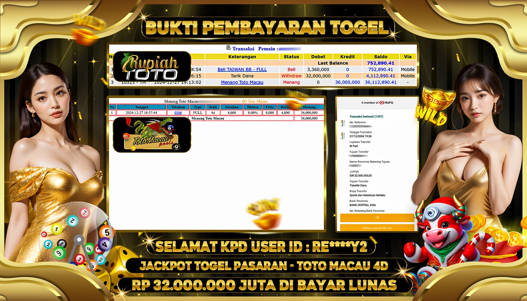 RUPIAHTOTO JACKPOT TOGEL PASARAN TOTO MACAU 4D RP 32.000.000 JUTA LUNAS
