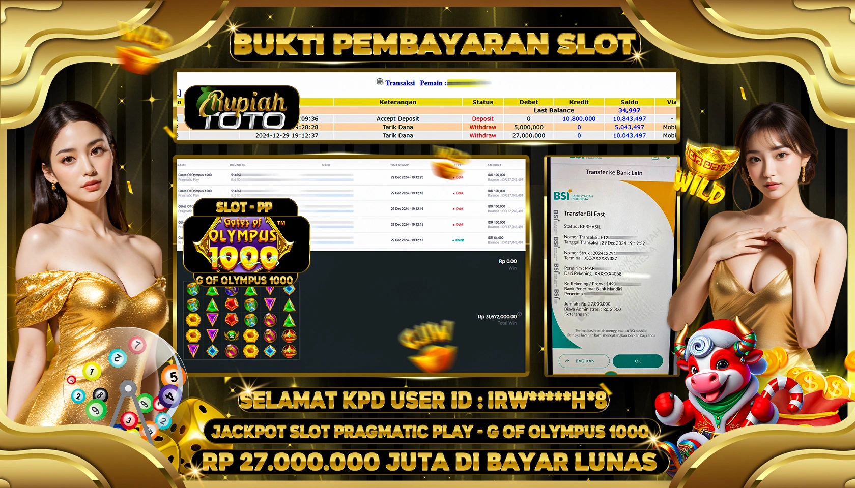RUPIAHTOTO JACKPOT SLOT GAMES GATES OF OLYMPUS 1000 RP 27.000.000 JUTA LUNAS