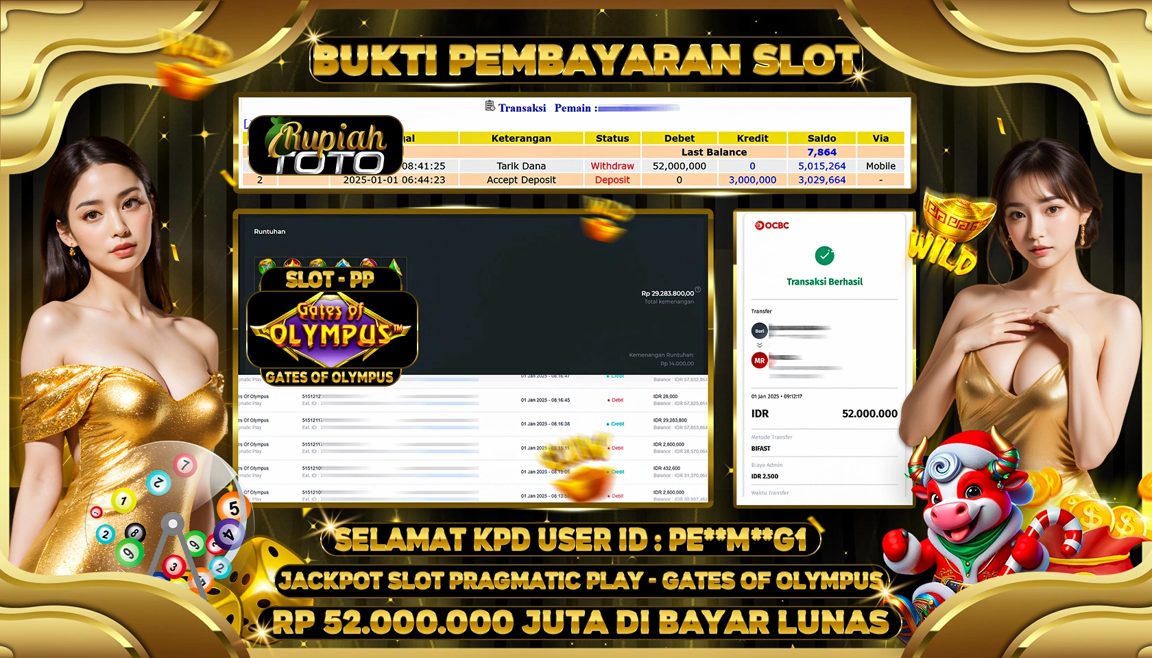 RUPIAHTOTO JACKPOT SLOT GAMES GATES OF OLYMPUS RP 52.000.000 JUTA LUNAS