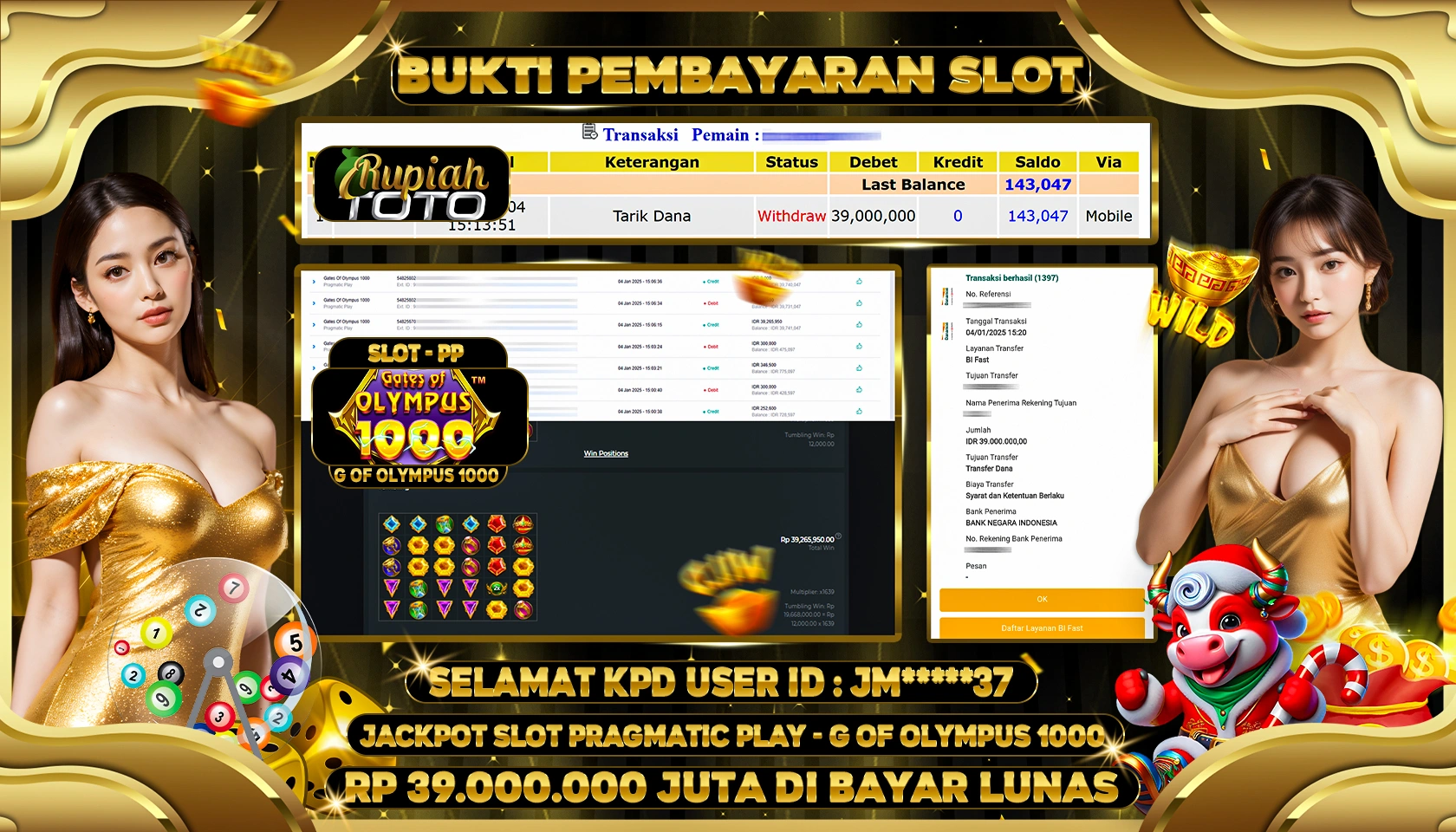 RUPIAHTOTO JACKPOT SLOT GAMES GATES OF OLYMPUS 1000 RP 39.000.000 JUTA LUNAS