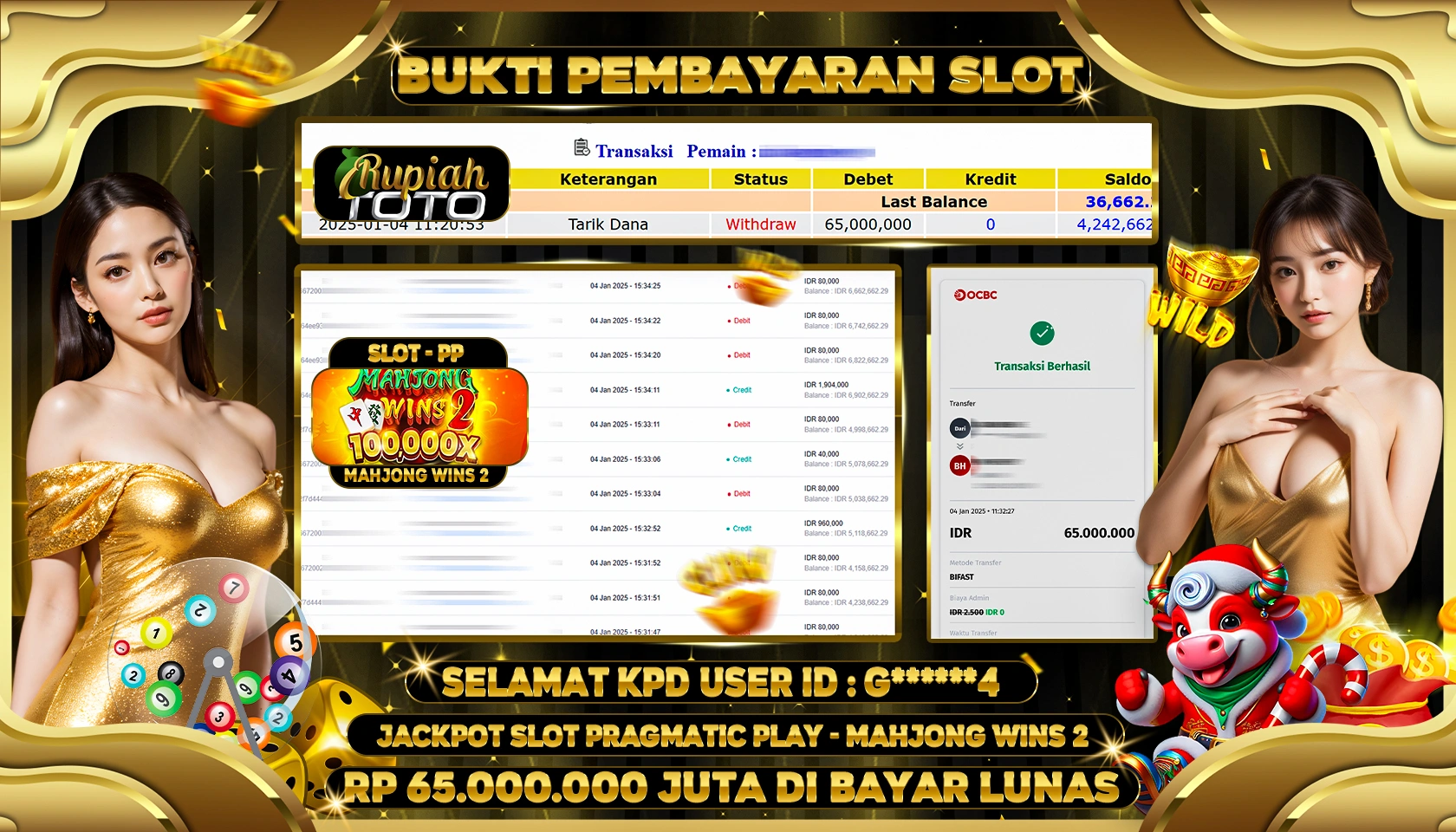 RUPIAHTOTO JACKPOT SLOT GAMES MAHJONG WINS 2 RP 65.000.000 JUTA LUNAS