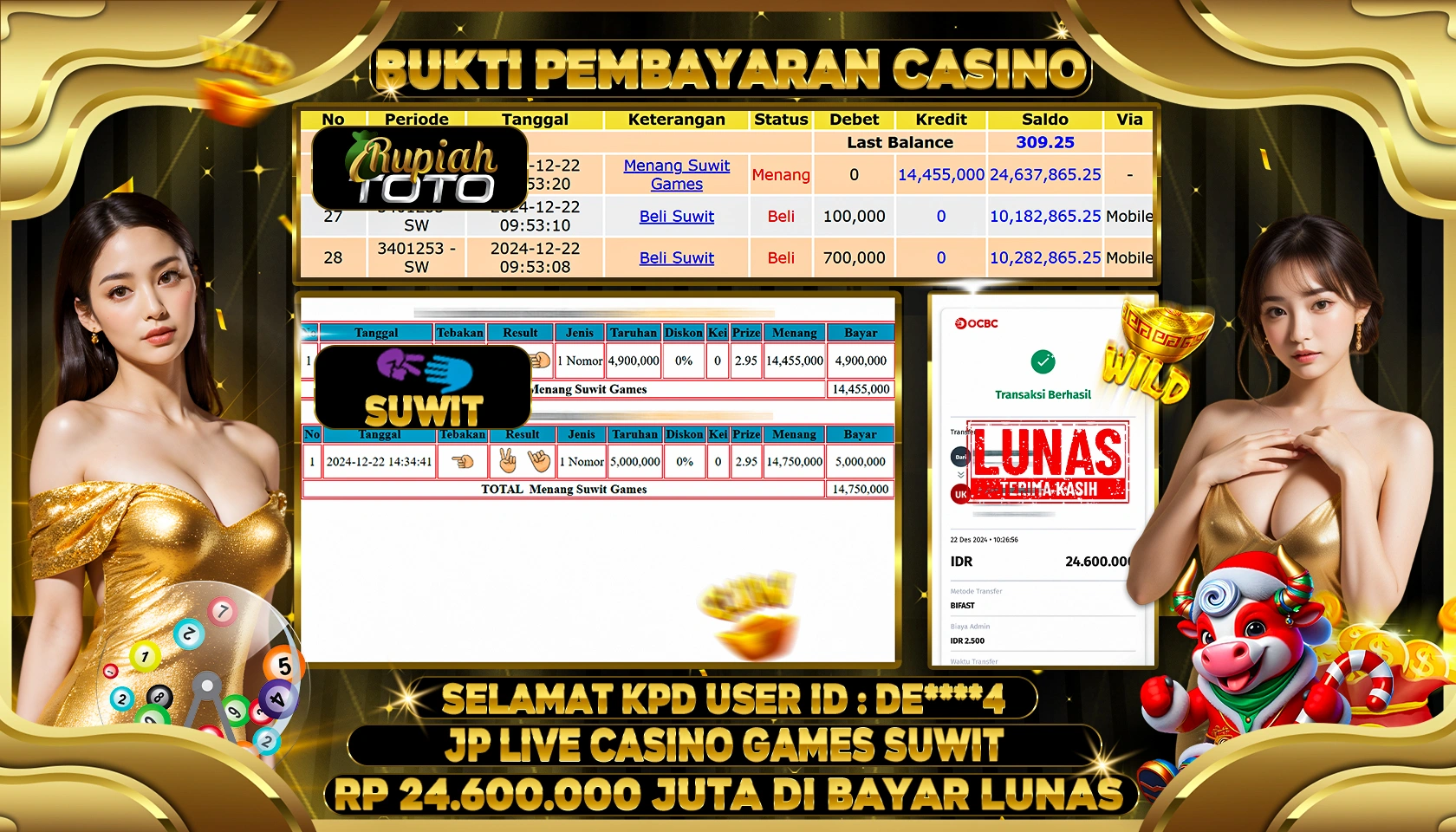 RUPIAHTOTO JACKPOT LIVE CASINO GAMES SUWIT RP 24.000.000 JUTA LUNAS