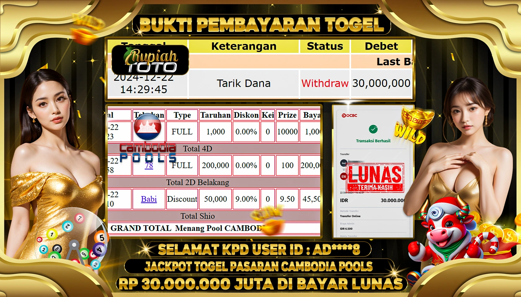 RUPIAHTOTO JACKPOT TOGEL PASARAN CAMBODIA POOLS RP 30.000.000 JUTA LUNAS